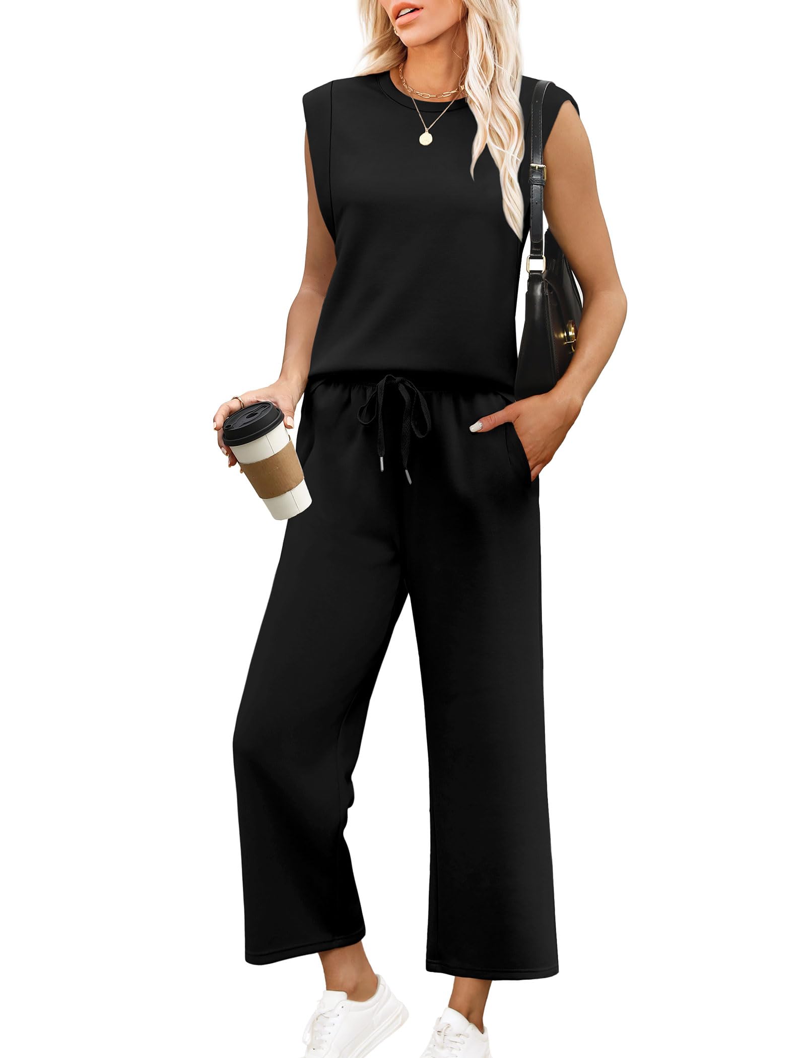 2025 New Women's Casual Cap Sleeve Top Wide Leg Crop Pants Two Piece Sets(buy 2 free shipping)