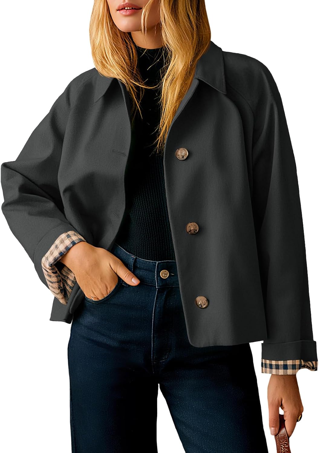 Womens Cropped Trench Coat Lightweight Single Breasted Jacket