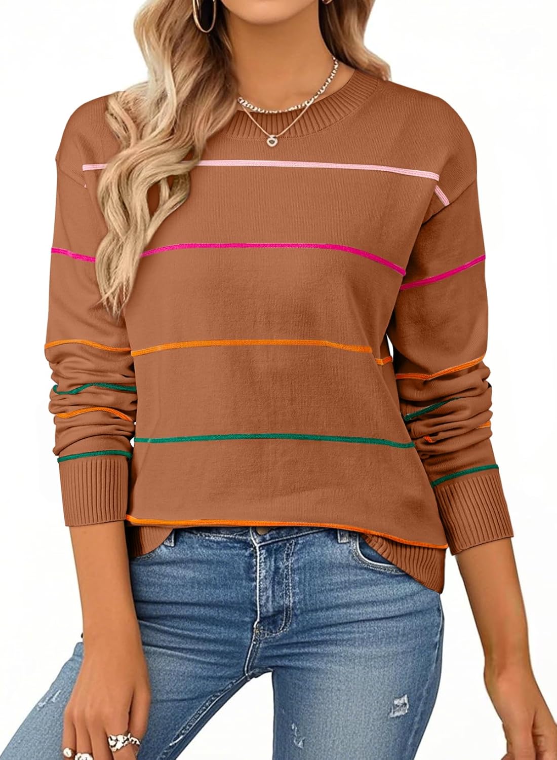 Womens Crew Neck Knit Long Sleeve Striped Sweater