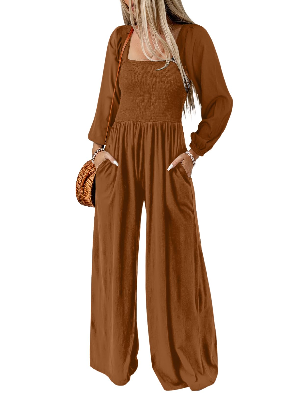 Women's Casual Long Sleeve Loose Wide Leg Jumpsuits Rompers With Pockets