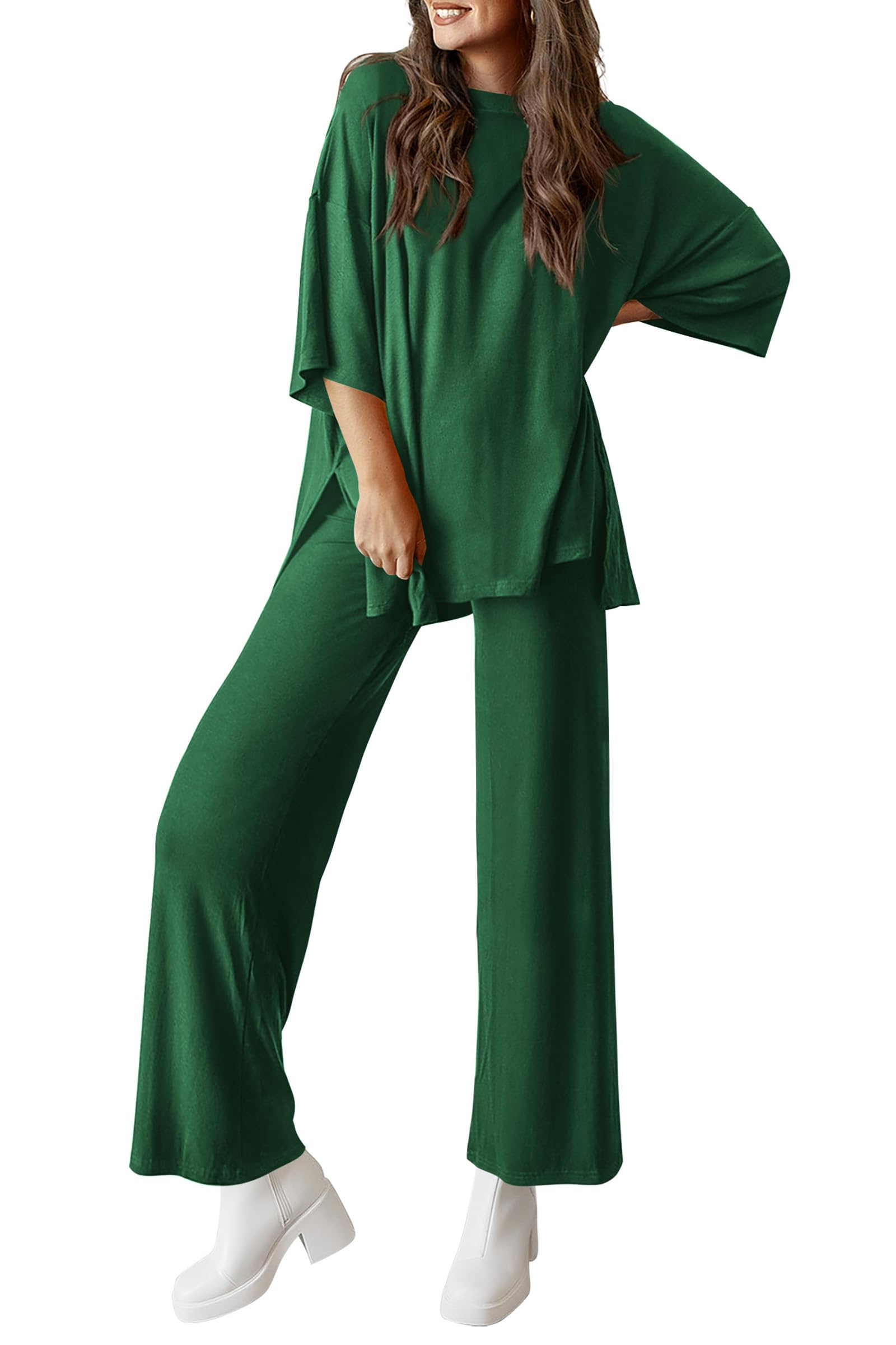 ⏰Hot Sale-Women's 2 Piece Outfits Casual Short Tops and Wide Leg Pants Lounge Sets (Buy 2 Free Shipping)