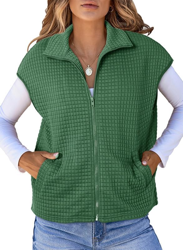 Womens Zipper Up Cap Sleeve Side Pockets Waffle Knit Sleeveless Oversized Vest Tops