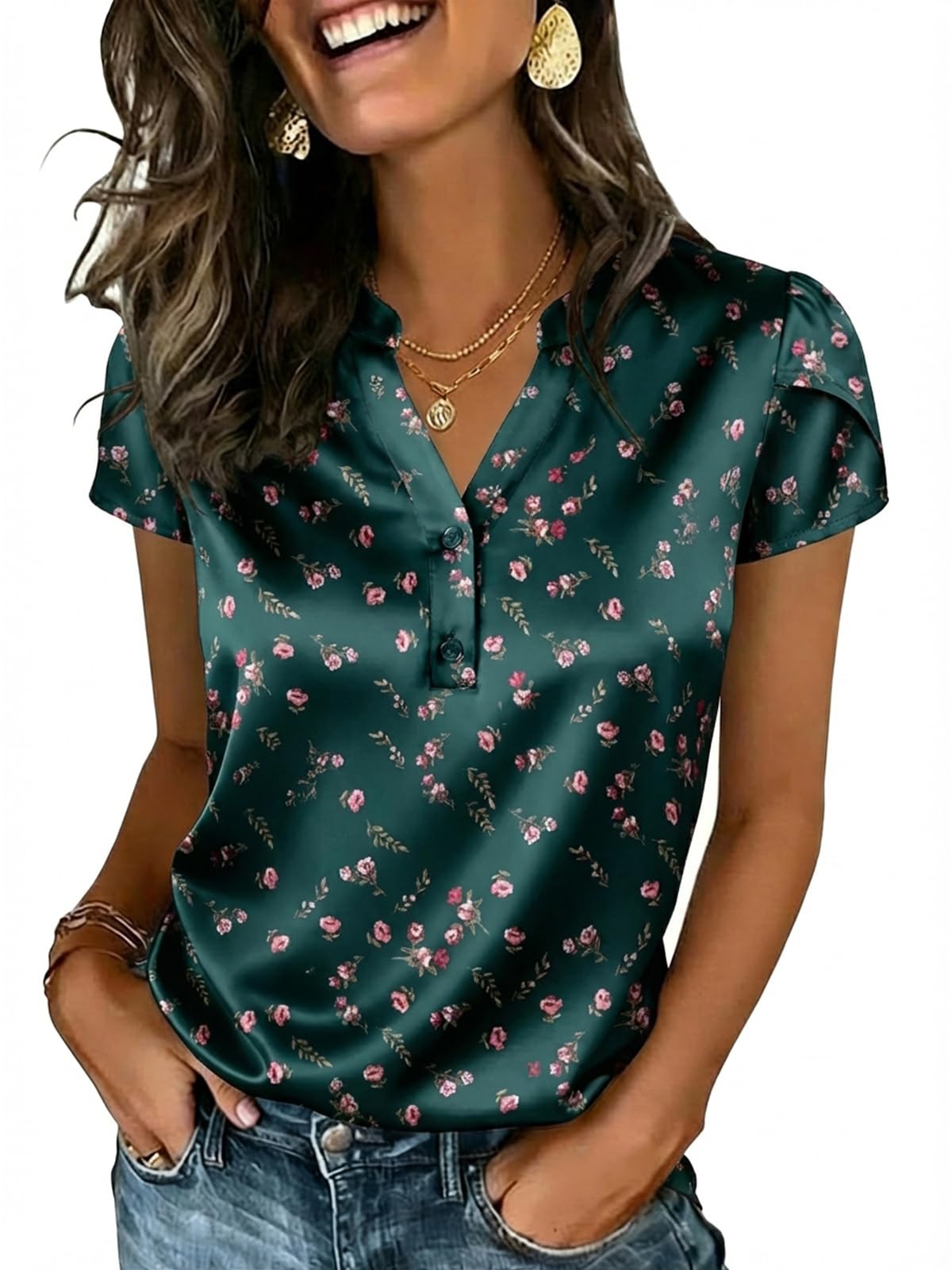Women Casual Cap Sleeve V Neck Button Down Shirts