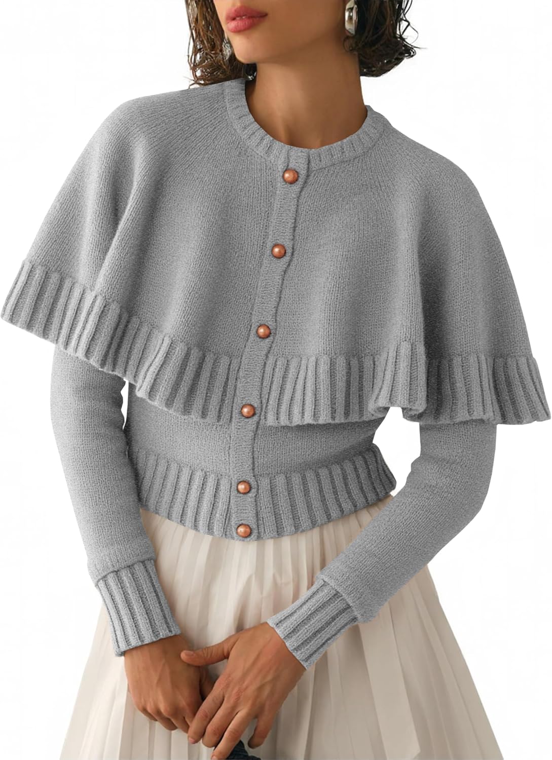 Womens Cropped Cardigan Sweater Long Sleeve Knit Button Up Cape Sweaters