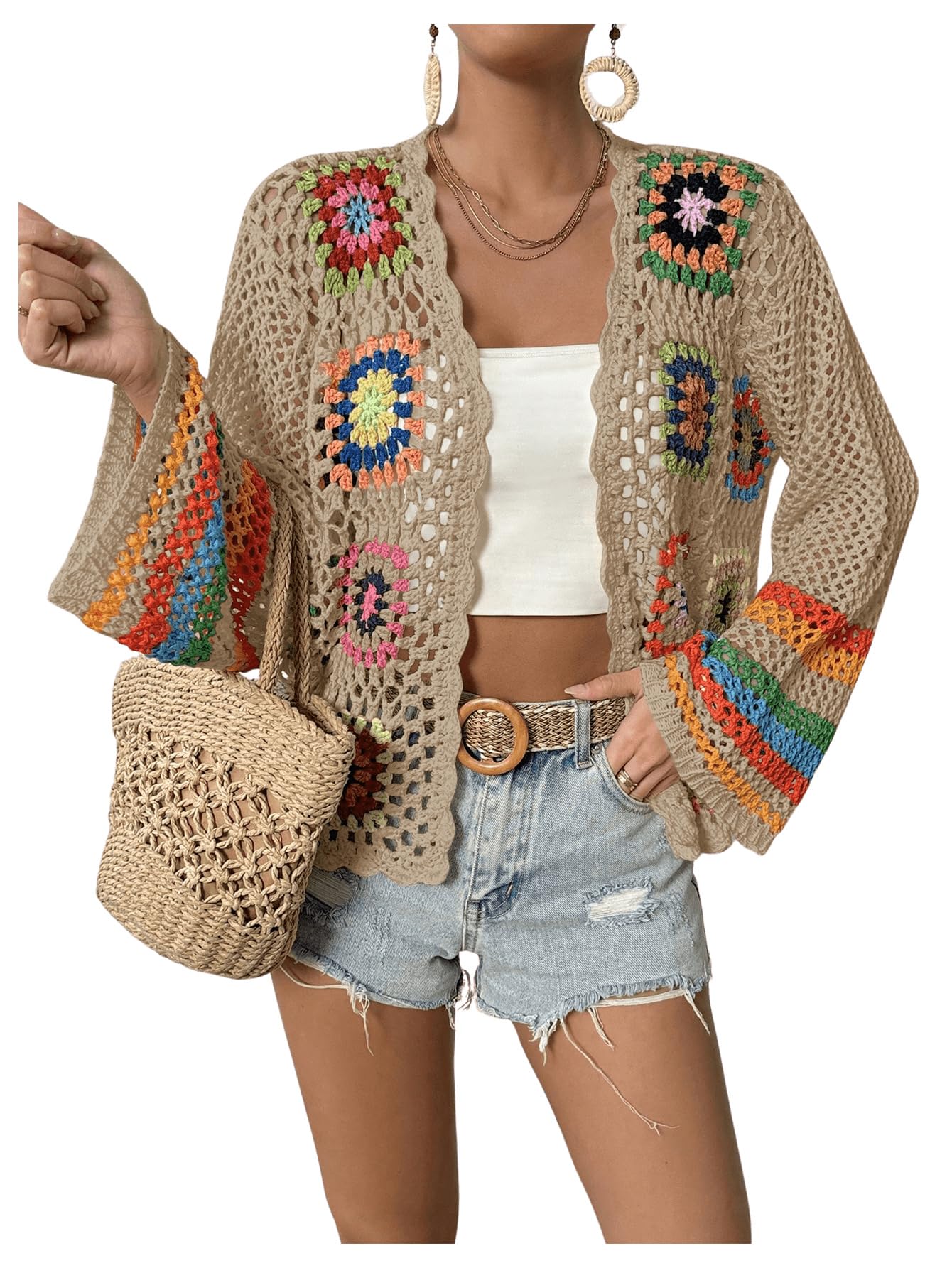 Women's Floral Crochet Cardigan Hollow Out Open Front Long Sleeve Cardigan