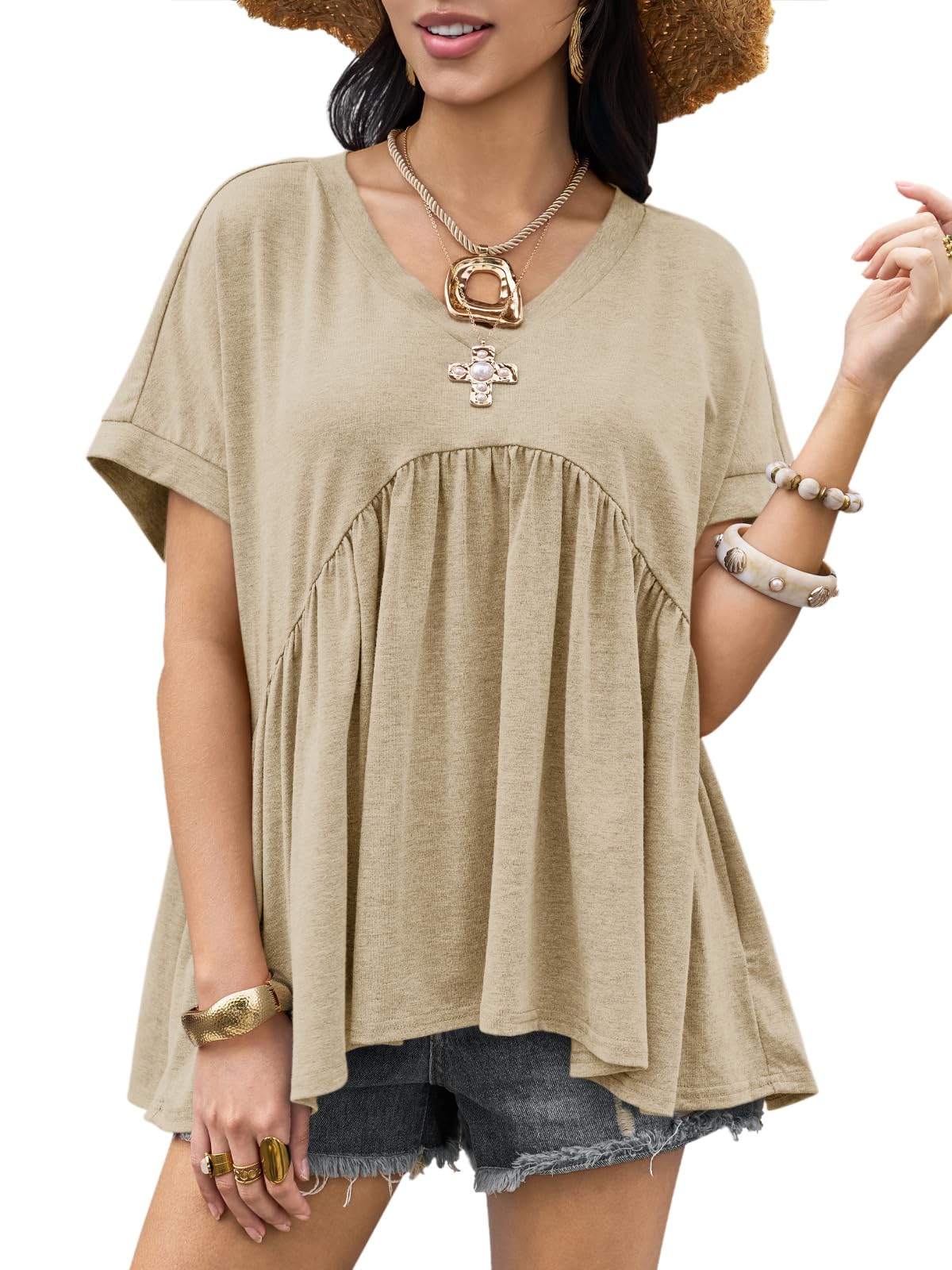 Womens Summer Peplum Tops Oversized Babydoll Short Sleeve V Neck T Shirts
