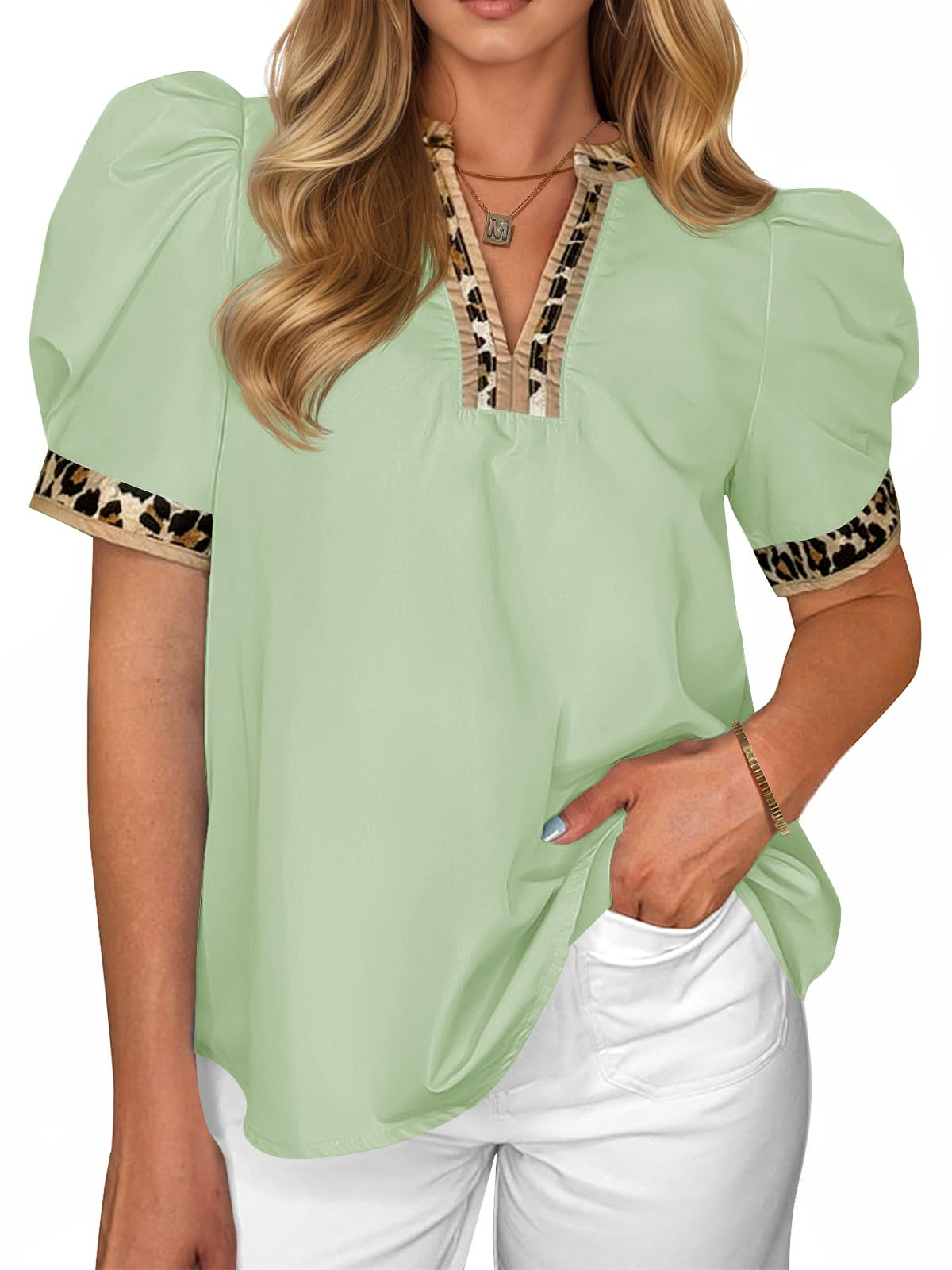 Womens Puff Sleeve Leopard V Neck Color Block Blouse