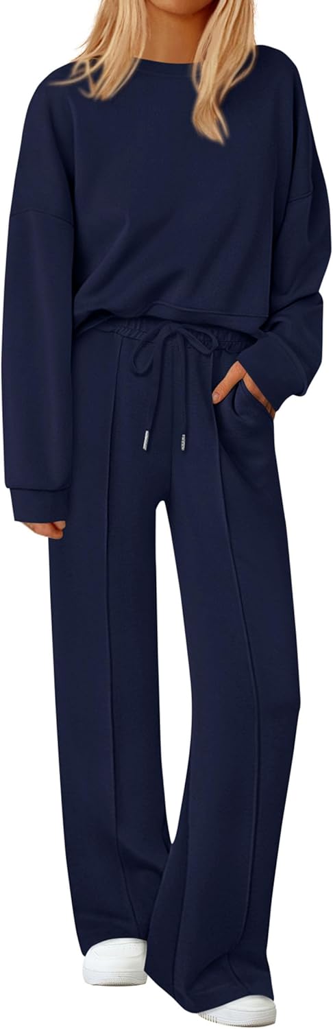 Womens Trendy Long Sleeve Sweatshirt Wide Leg Pants Loungewear Set