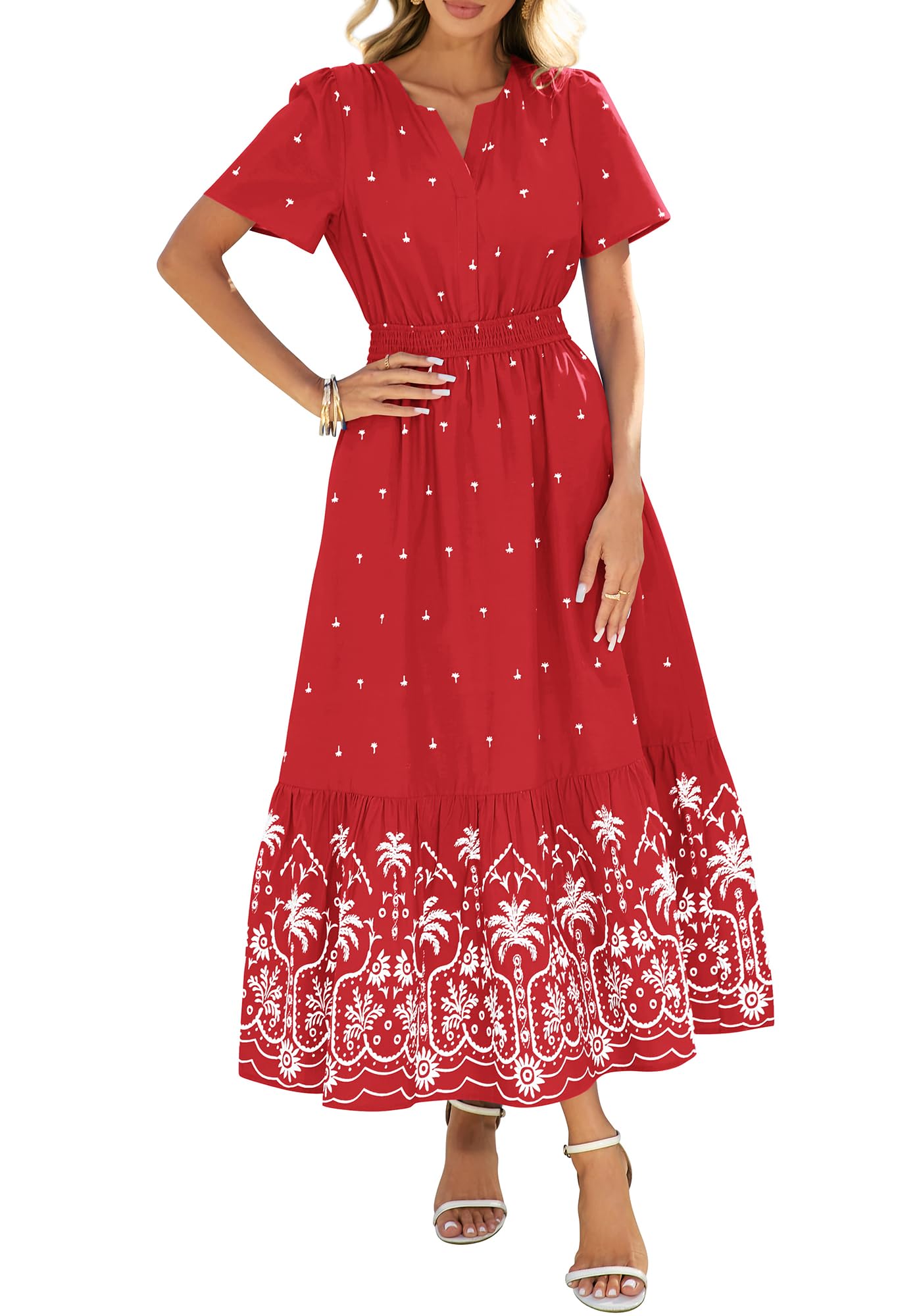 Womens Casual Short Sleeve Elastic Waist Flowy Beach Vacation Floral Boho Maxi Dress