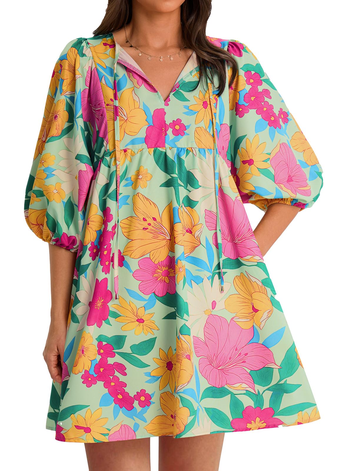 Womens V Neck Puff Sleeve Floral Mini Babydoll Dress with Pockets