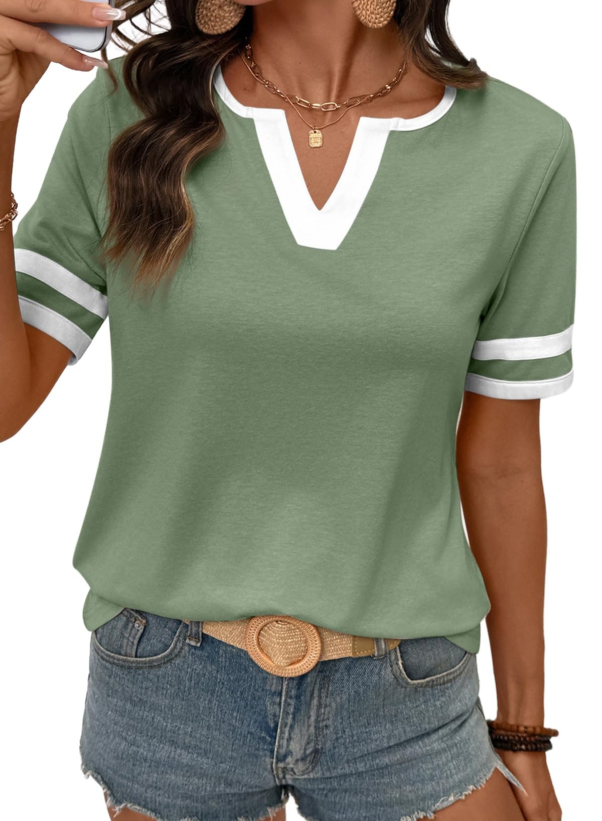 Women's Summer Tops V Neck Short Sleeve T-Shirts Colorblock Casual Tees