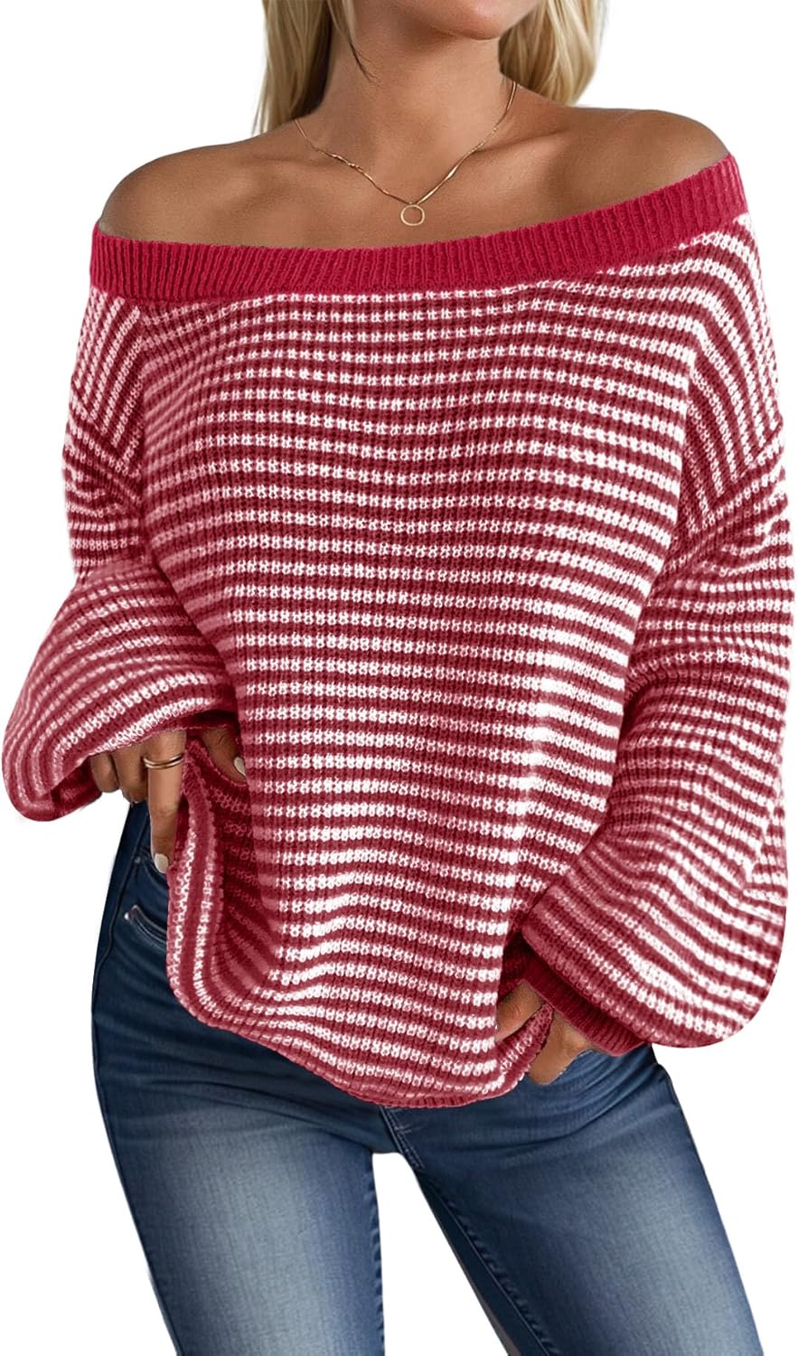 Women's Striped Off Shoulder Casual Oversized Knitted Sweater Pullovers