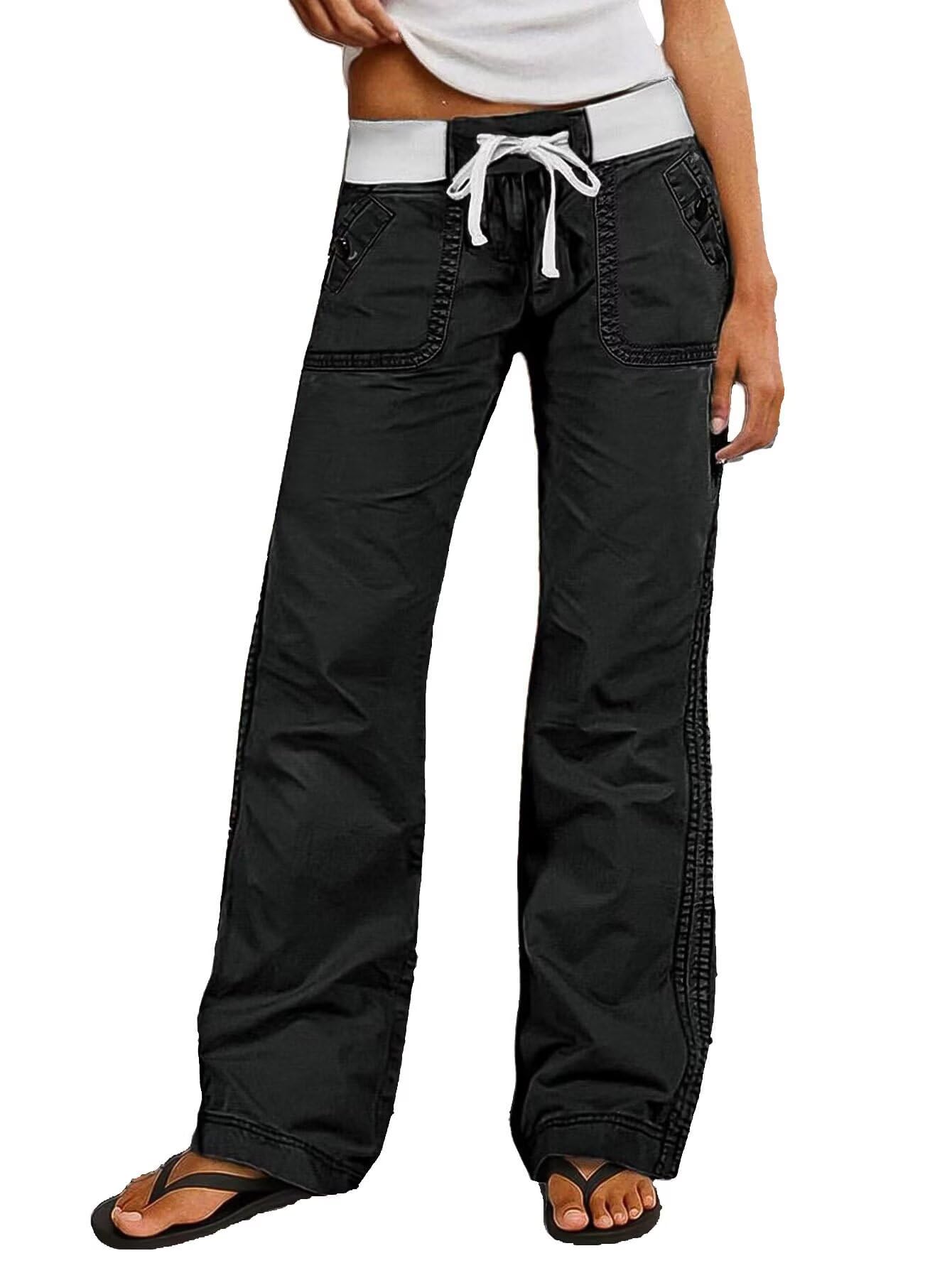 Women Drawstring Waist Mid Rise Seam Detail Straight Leg Pants