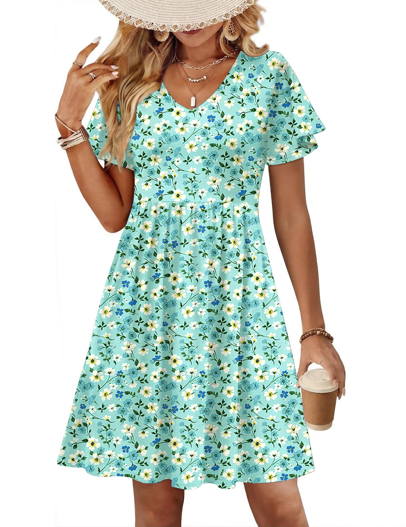 Womens Floral Ruffle Short Sleeve Sundresses Beach Mini Dress