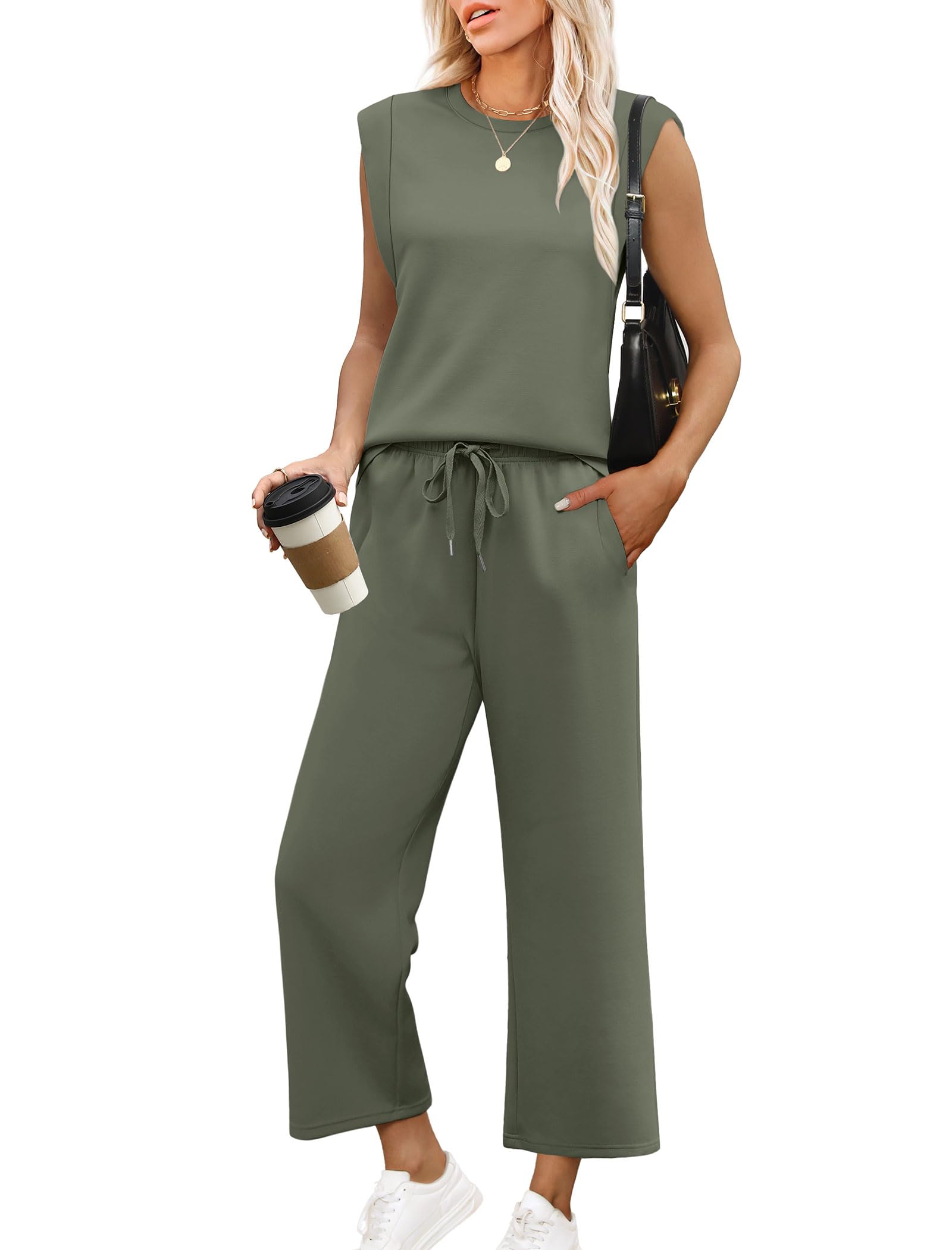 2025 New Women's Casual Cap Sleeve Top Wide Leg Crop Pants Two Piece Sets(buy 2 free shipping)