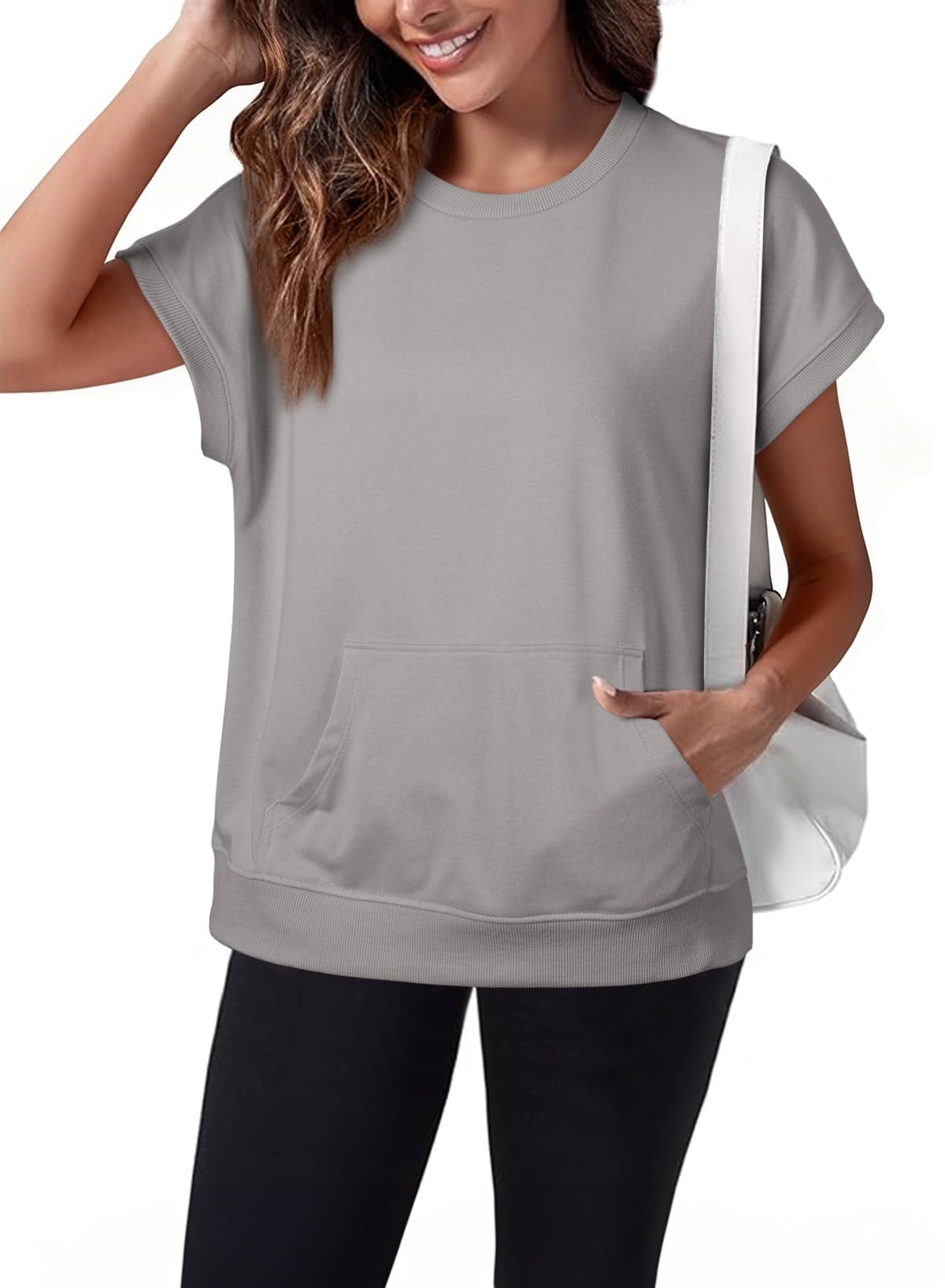 Women's Casual Round Neck Loose Fit Top with Kangaroo Pocket