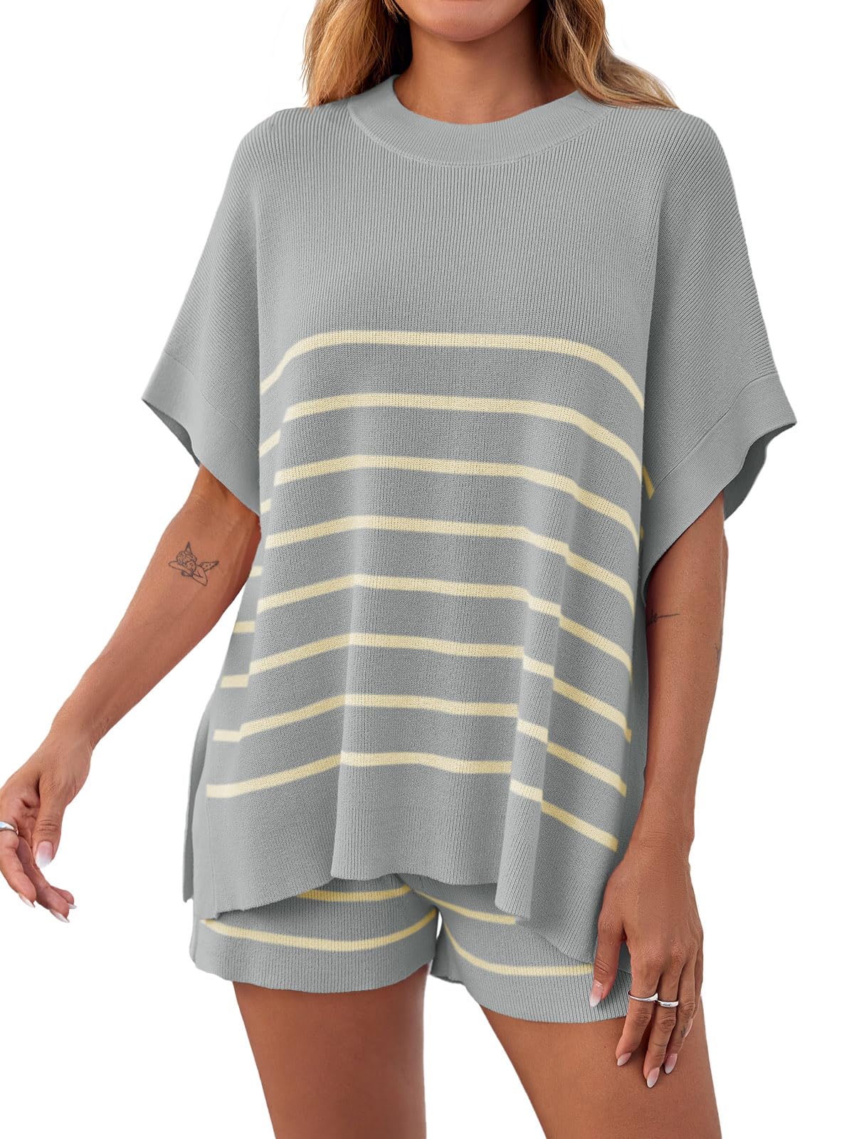 Women's Striped 2 Piece Outfits Oversized Batwing Short Sleeve Tops High Waisted Shorts(40% OFF!!!)