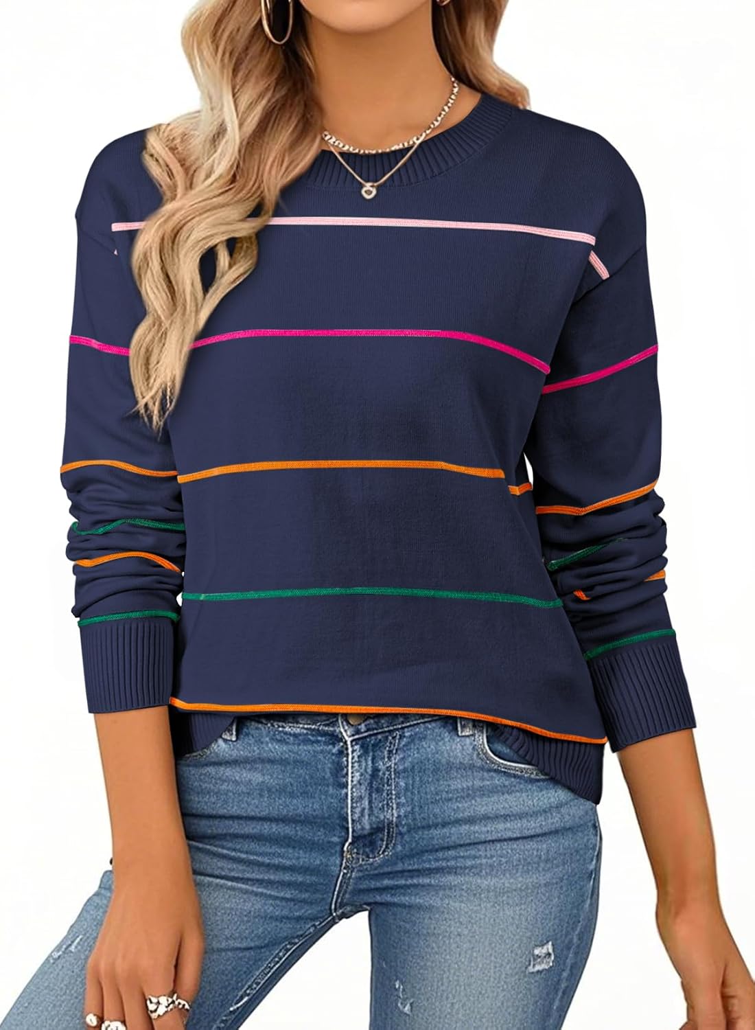 Womens Crew Neck Knit Long Sleeve Striped Sweater