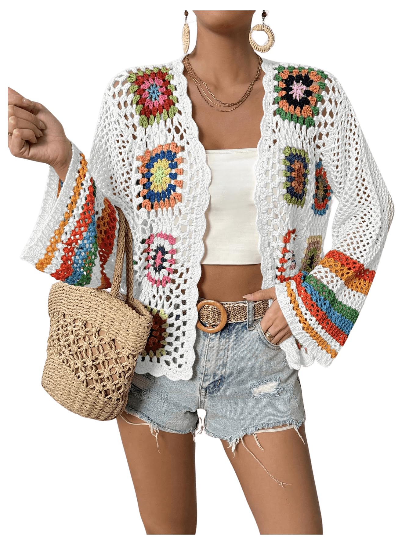 Women's Floral Crochet Cardigan Hollow Out Open Front Long Sleeve Cardigan