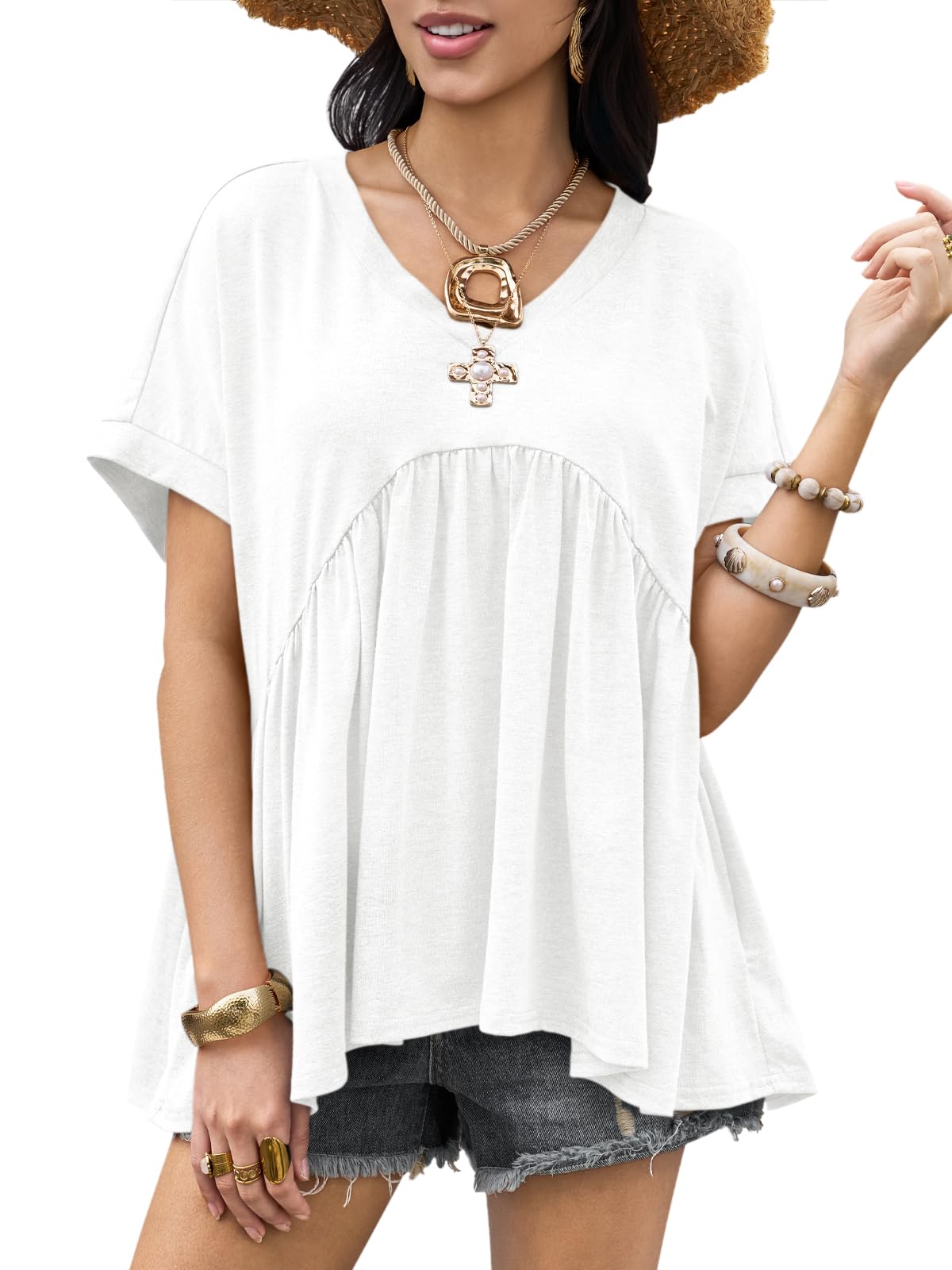 Womens Summer Peplum Tops Oversized Babydoll Short Sleeve V Neck T Shirts