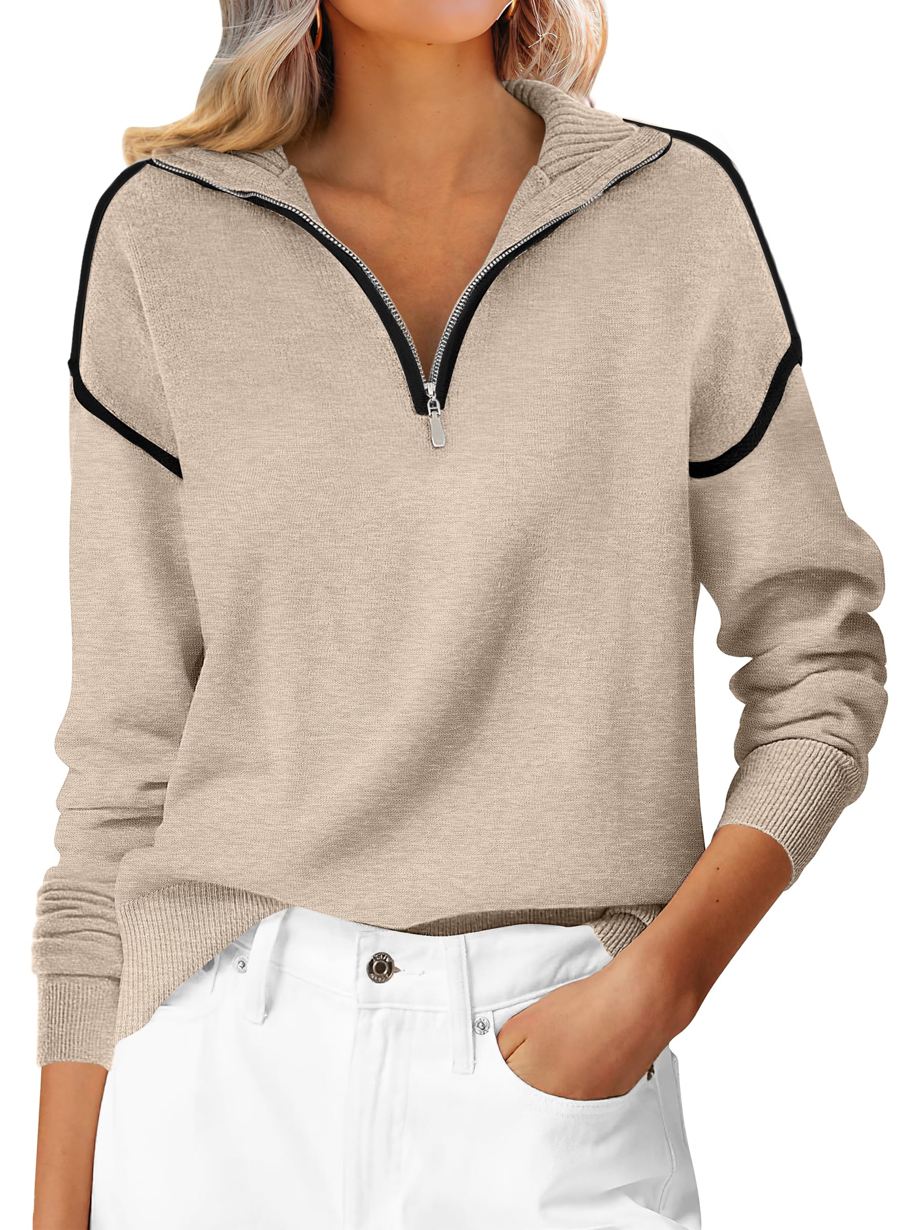 Womens Quarter Zip V Neck Shirts Collared Tops Knit Pullover Sweatshirts