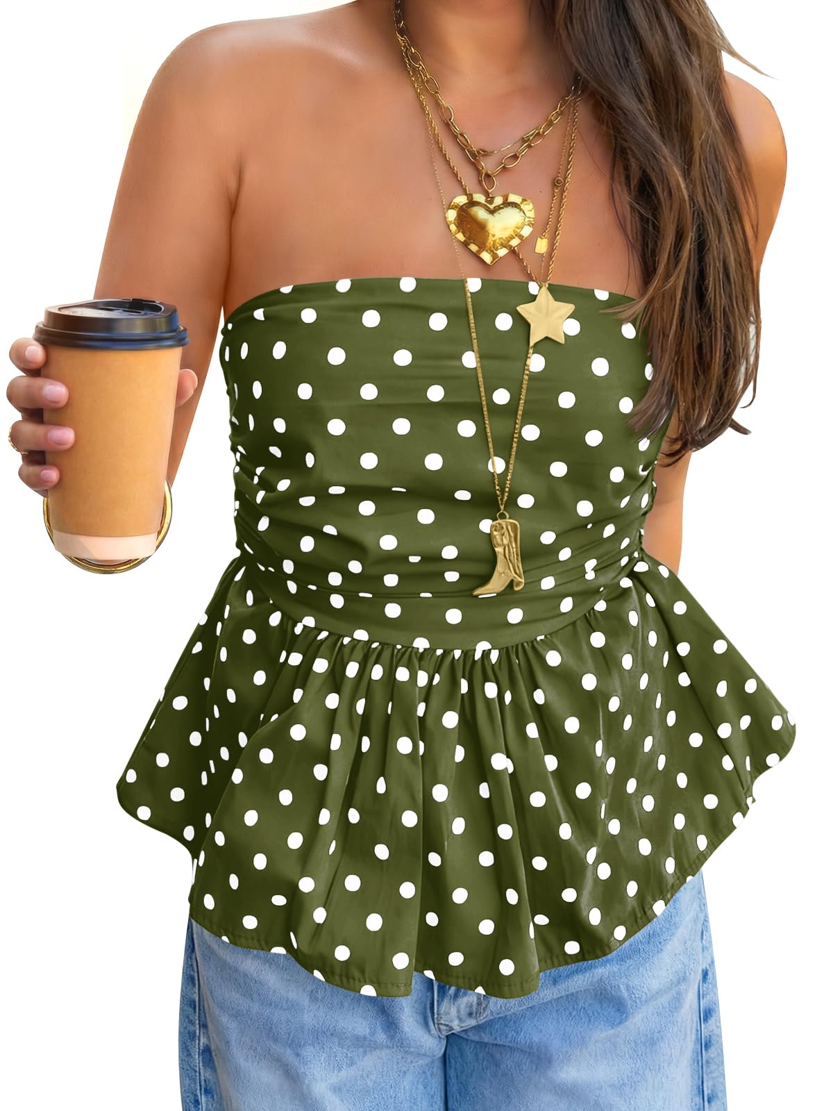 Womens Strapless Polka Dot Tube Tops Cute Backless Peplumn Ruffle Hem Bandeau Top