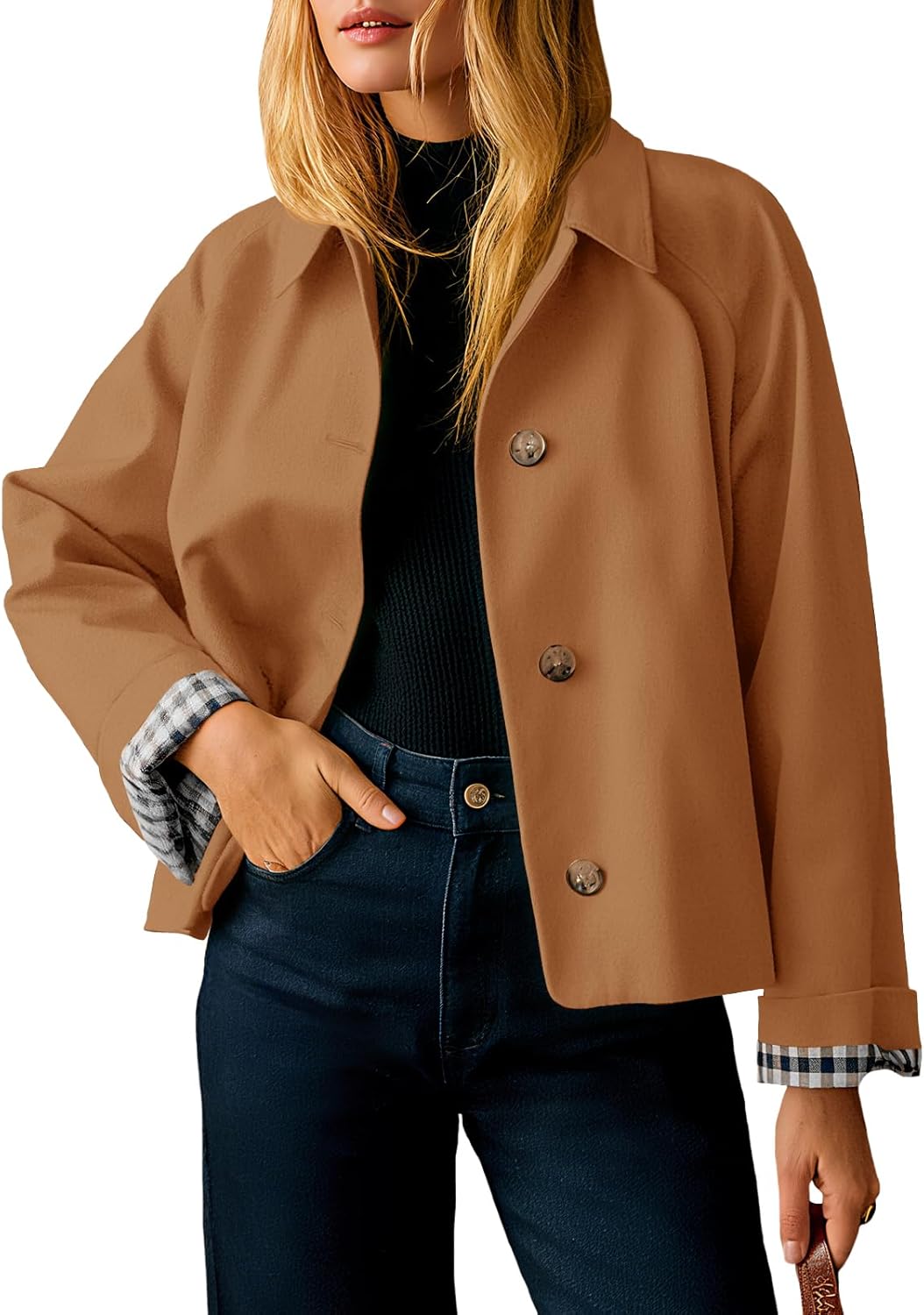 Womens Cropped Trench Coat Lightweight Single Breasted Jacket