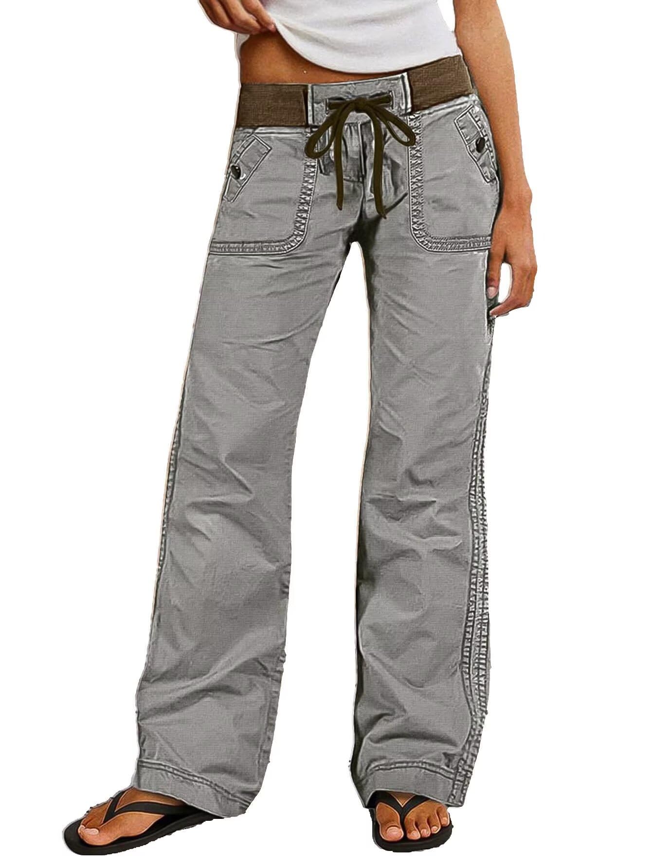 Women Drawstring Waist Mid Rise Seam Detail Straight Leg Pants