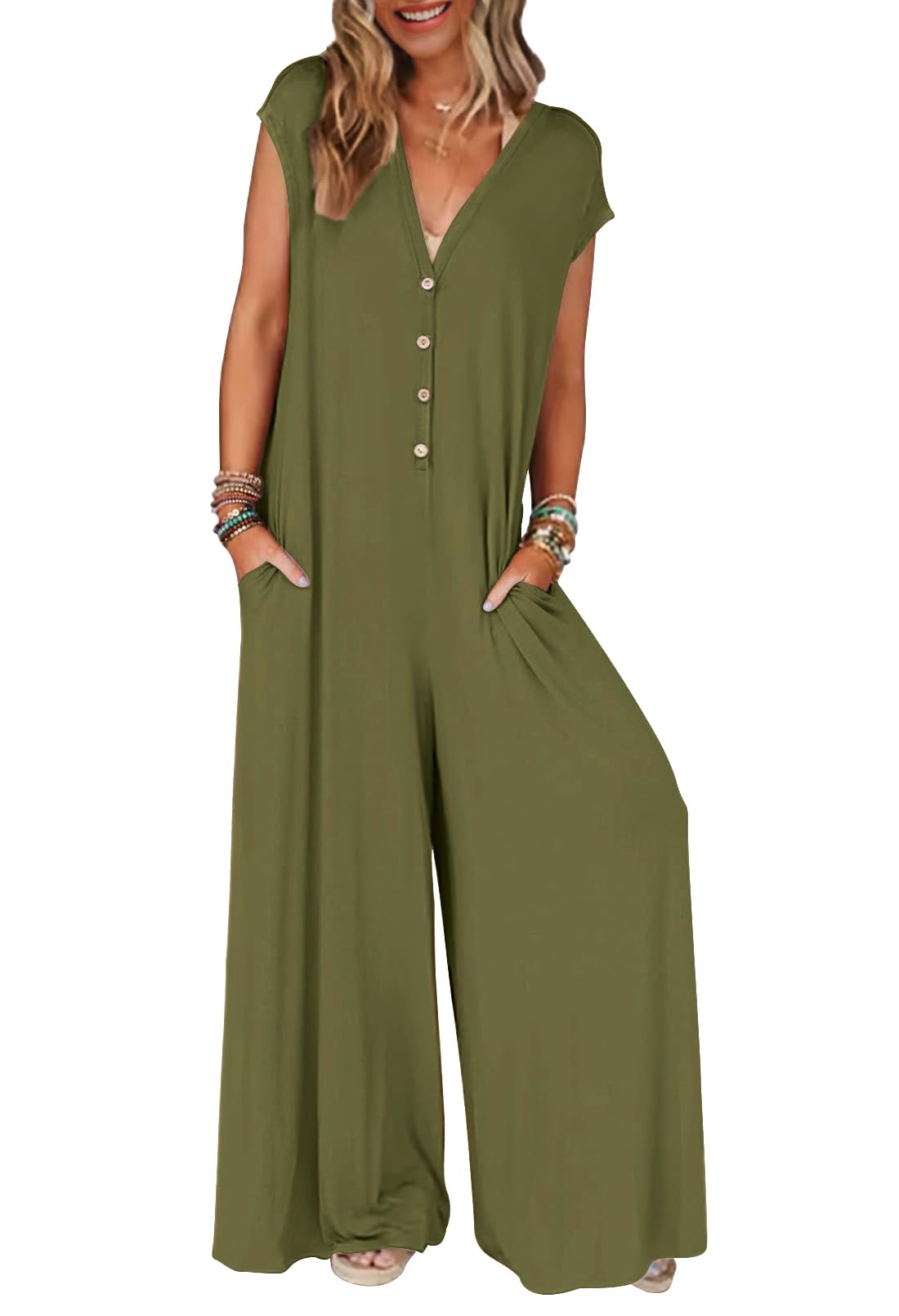 Women's 2025 Summer Cap Sleeve Jumpsuits Deep V Neck Button Onesie Wide Leg Pants Rompers(buy 2 free shipping)