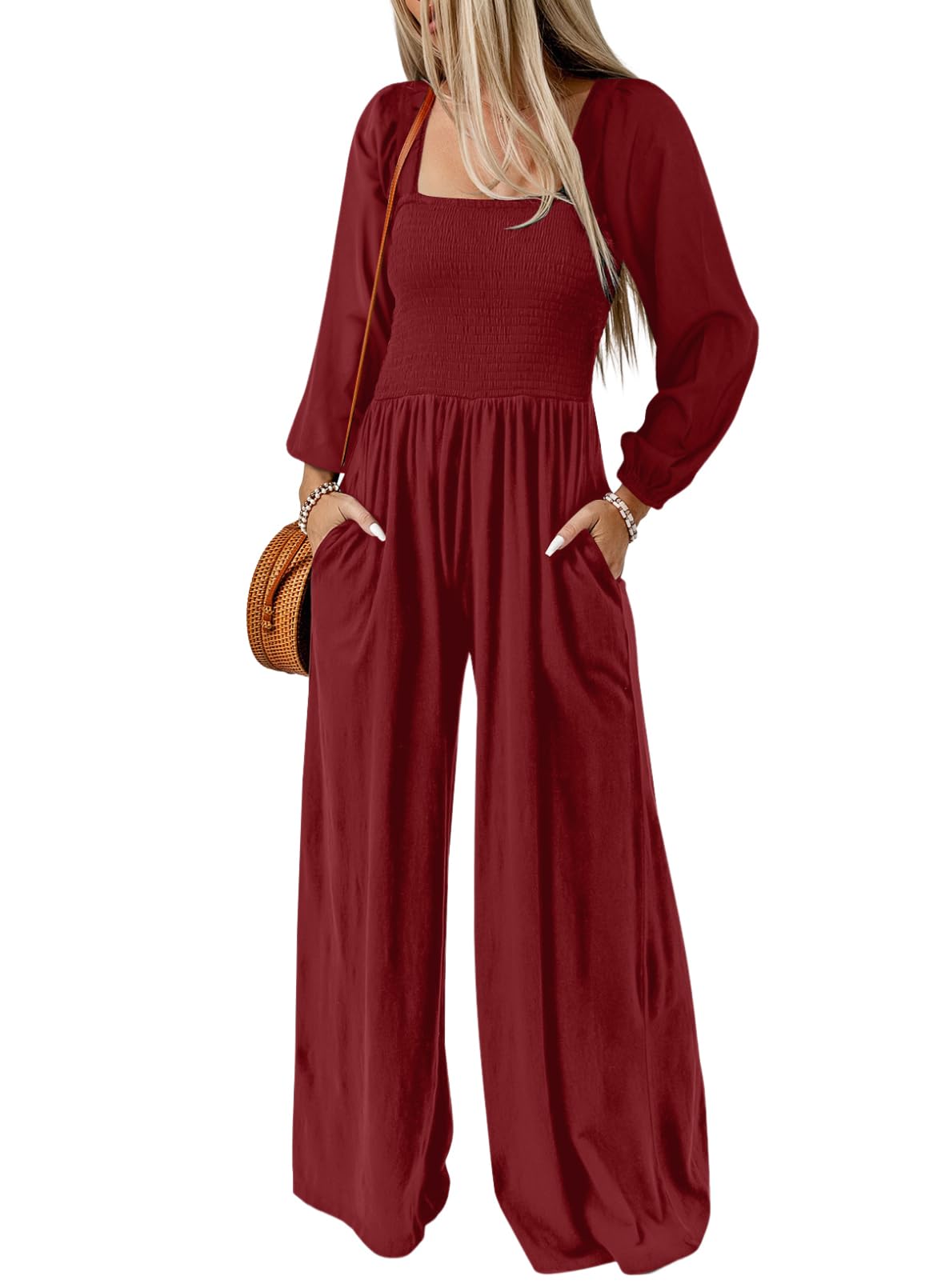 Women's Casual Long Sleeve Loose Wide Leg Jumpsuits Rompers With Pockets