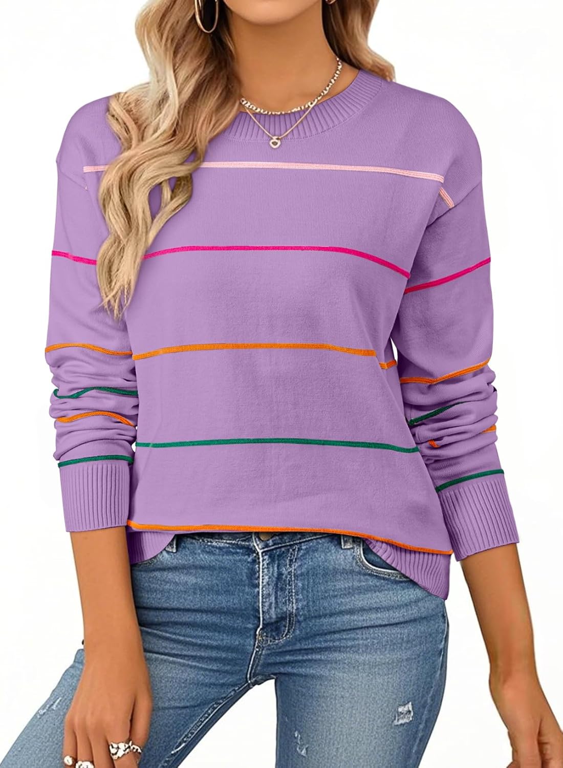 Womens Crew Neck Knit Long Sleeve Striped Sweater