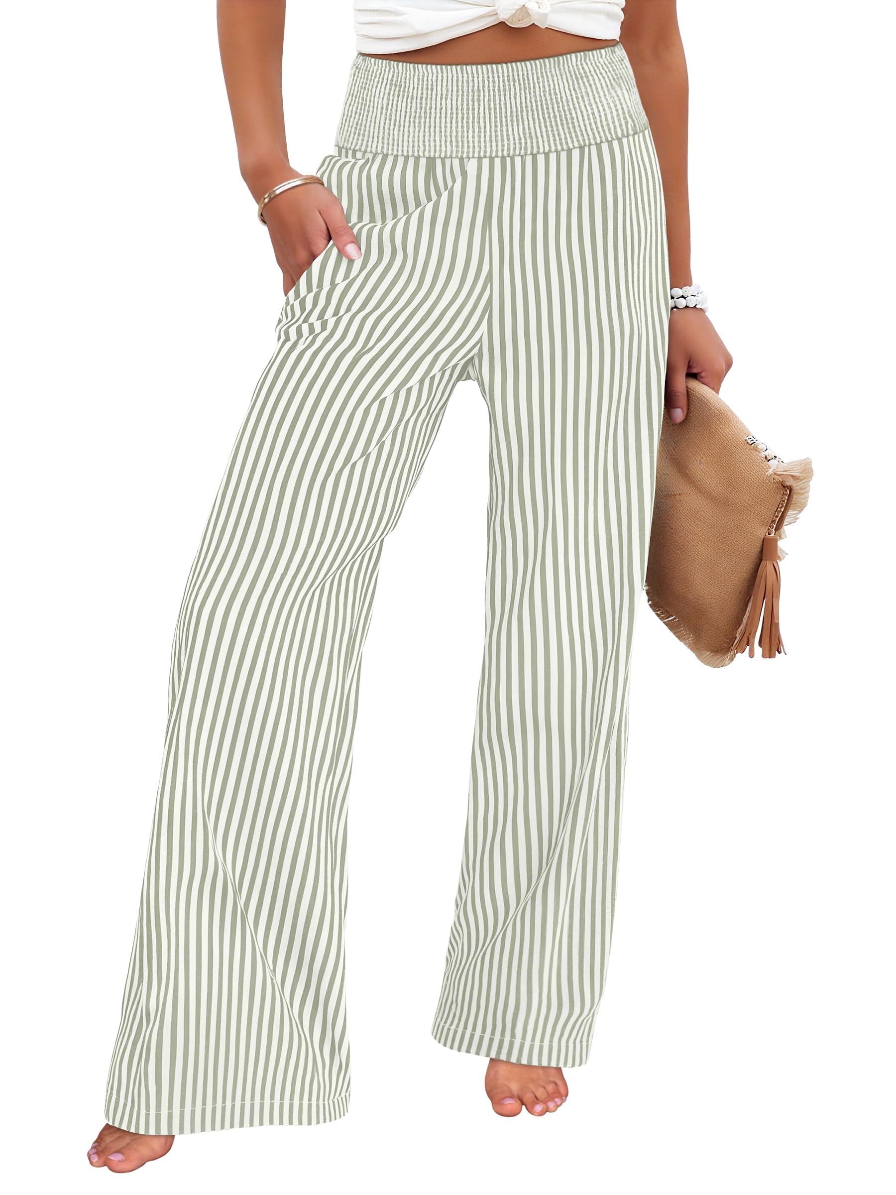 Womens Striped Palazzo Pants Wide Leg High Waisted Trousers with Pockets