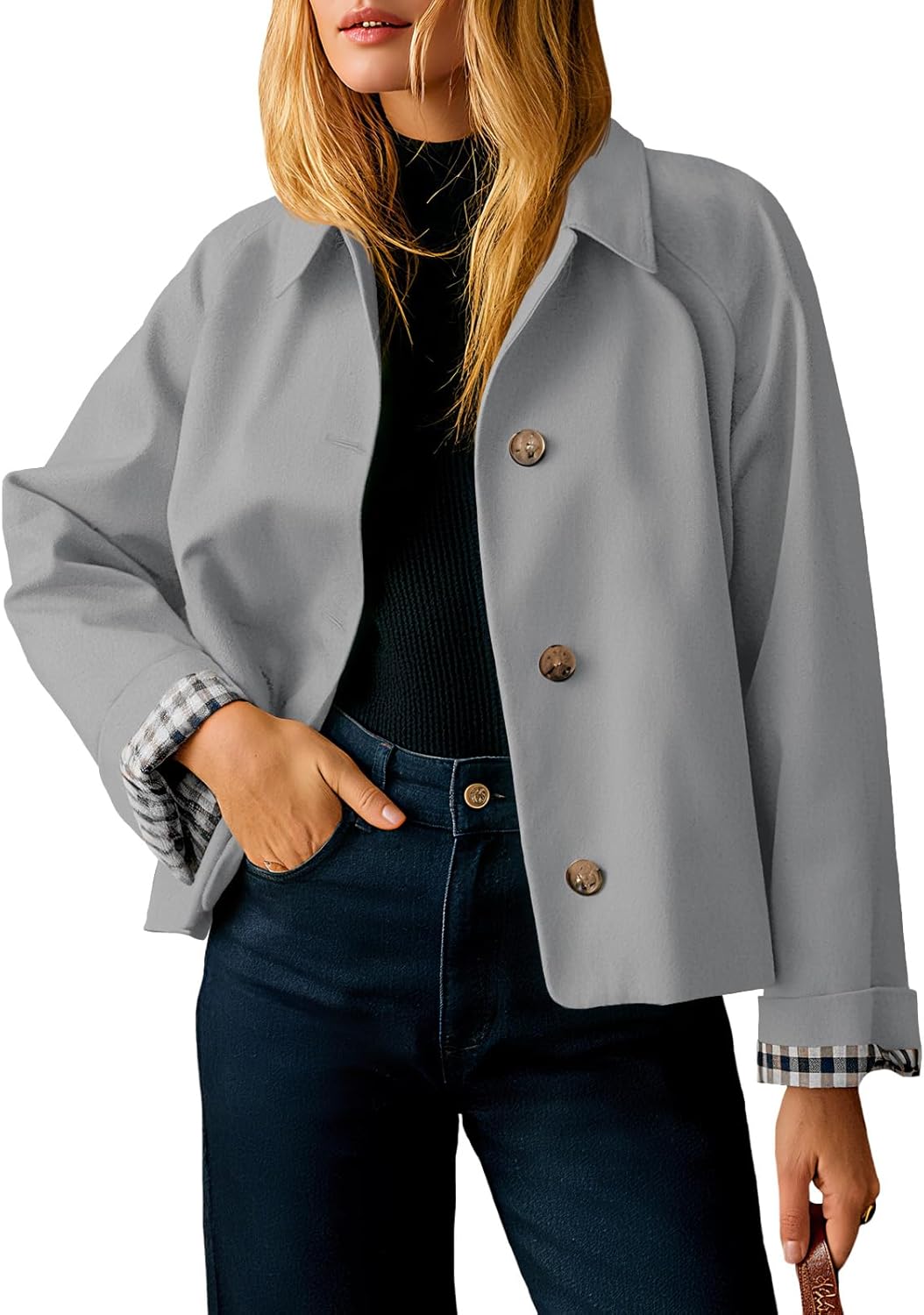 Womens Cropped Trench Coat Lightweight Single Breasted Jacket