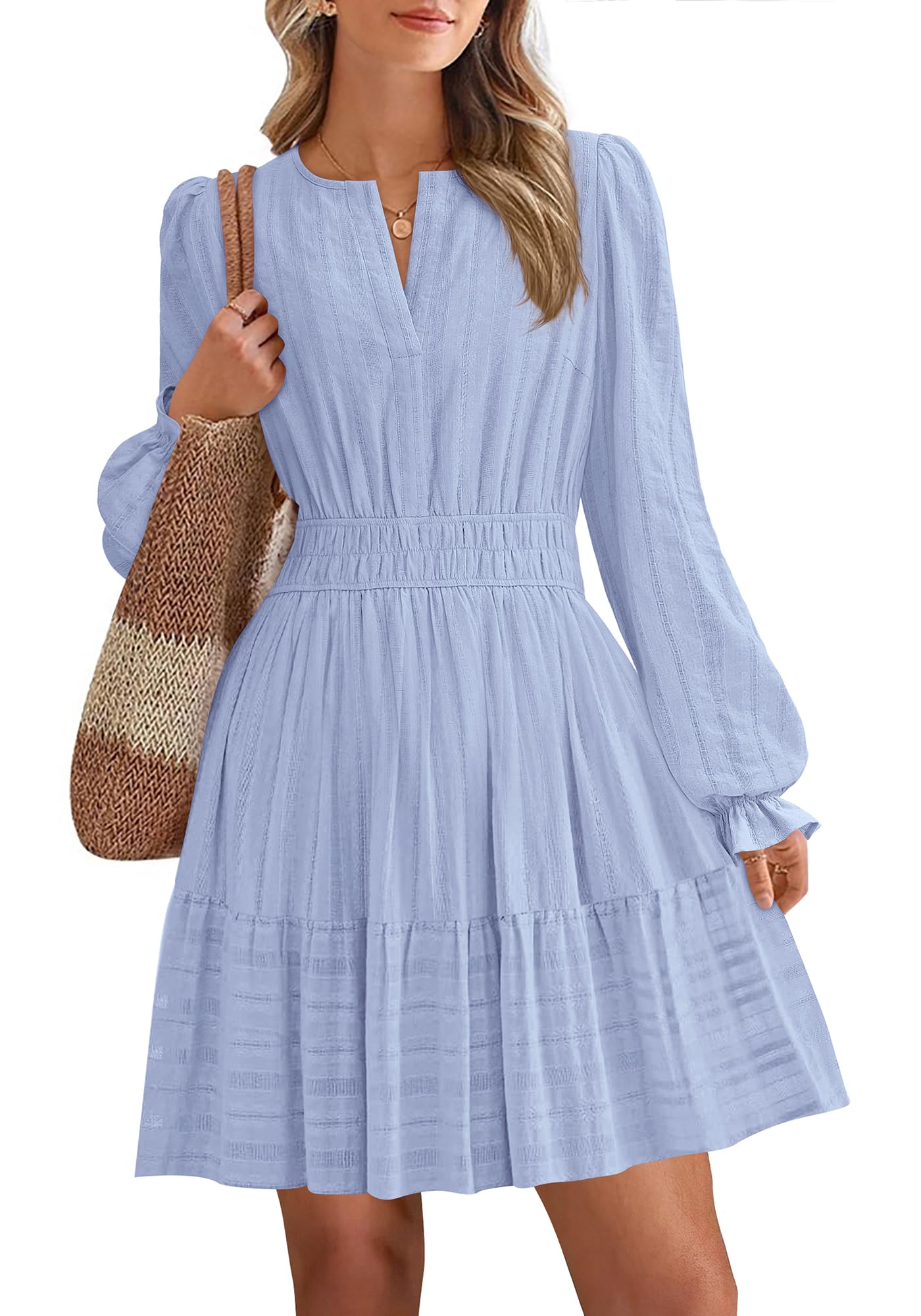 Women 2026 Casual Lightweight Long Sleeve V Neck A Line Elastic Waist Mini Dresses(50% OFF!!!)