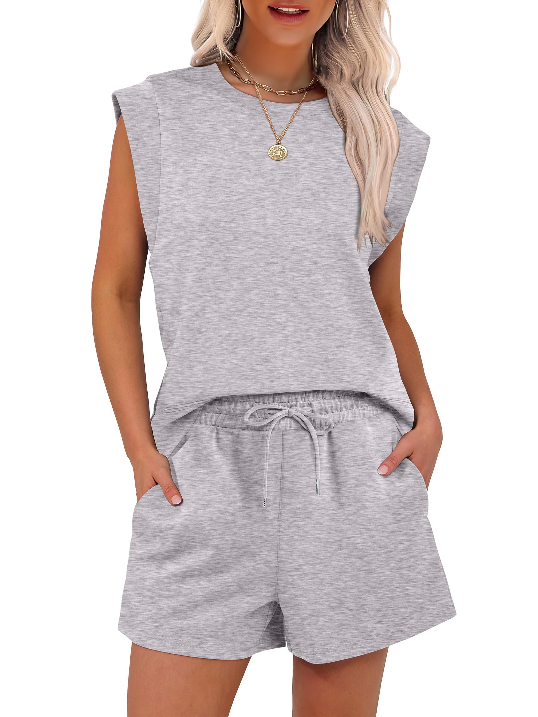 2025 New Women's Cap Sleeve Crewneck Tops and Drawstring Short Outfits Two Piece Sets(buy 2 free shipping)