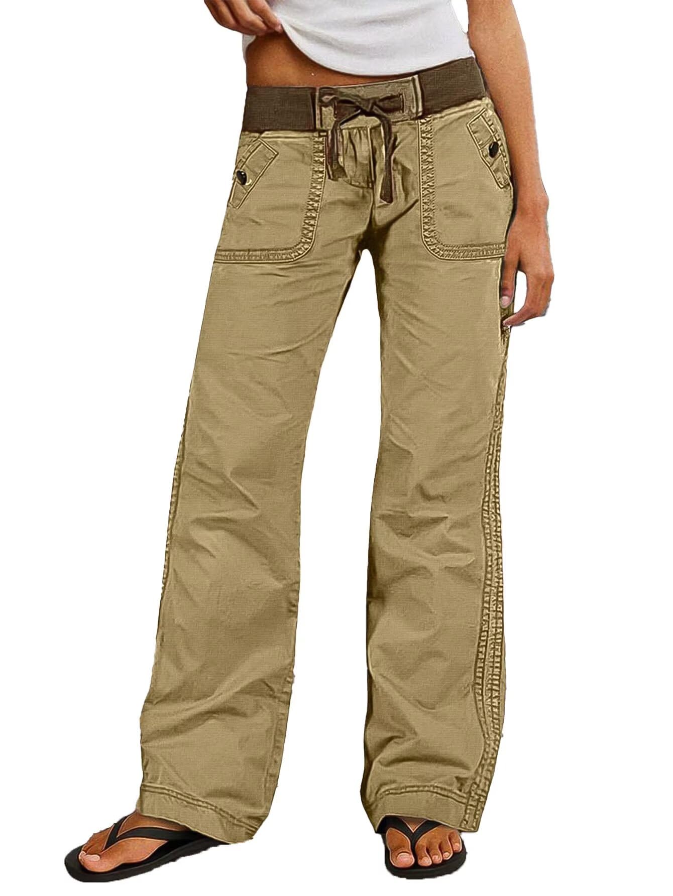 Women Drawstring Waist Mid Rise Seam Detail Straight Leg Pants