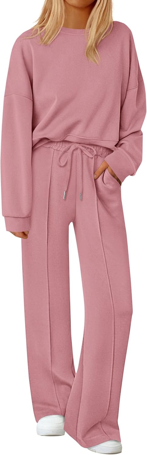 Womens Trendy Long Sleeve Sweatshirt Wide Leg Pants Loungewear Set