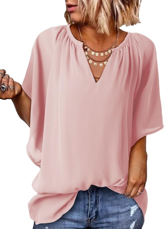 2025 New Women's V Neck 3/4 Batwing Sleeve Blouse Pleated Flowy Tunic Tops(BUY 3 FRE SHIPPING)