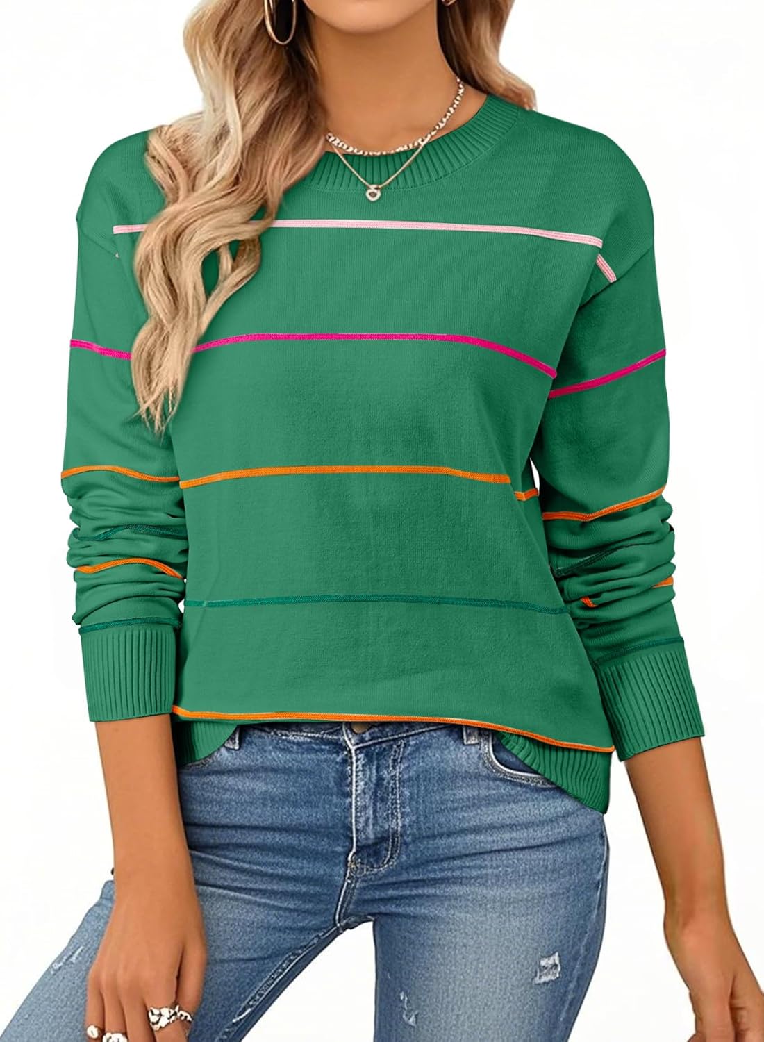 Womens Crew Neck Knit Long Sleeve Striped Sweater
