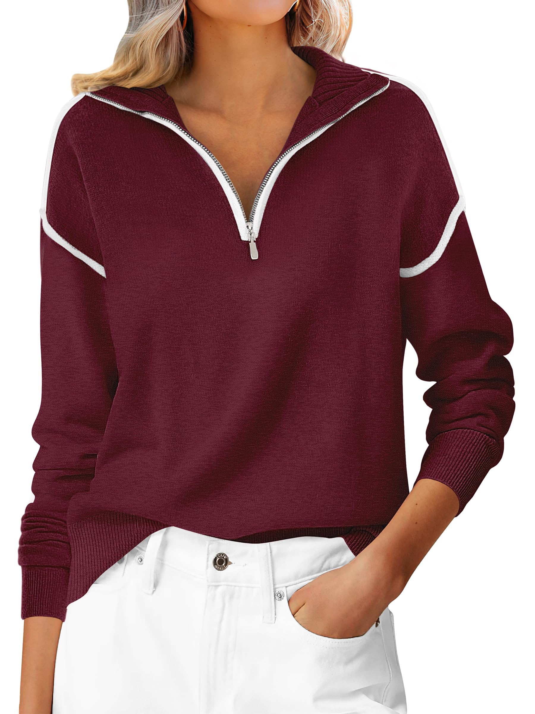 Womens Quarter Zip V Neck Shirts Collared Tops Knit Pullover Sweatshirts
