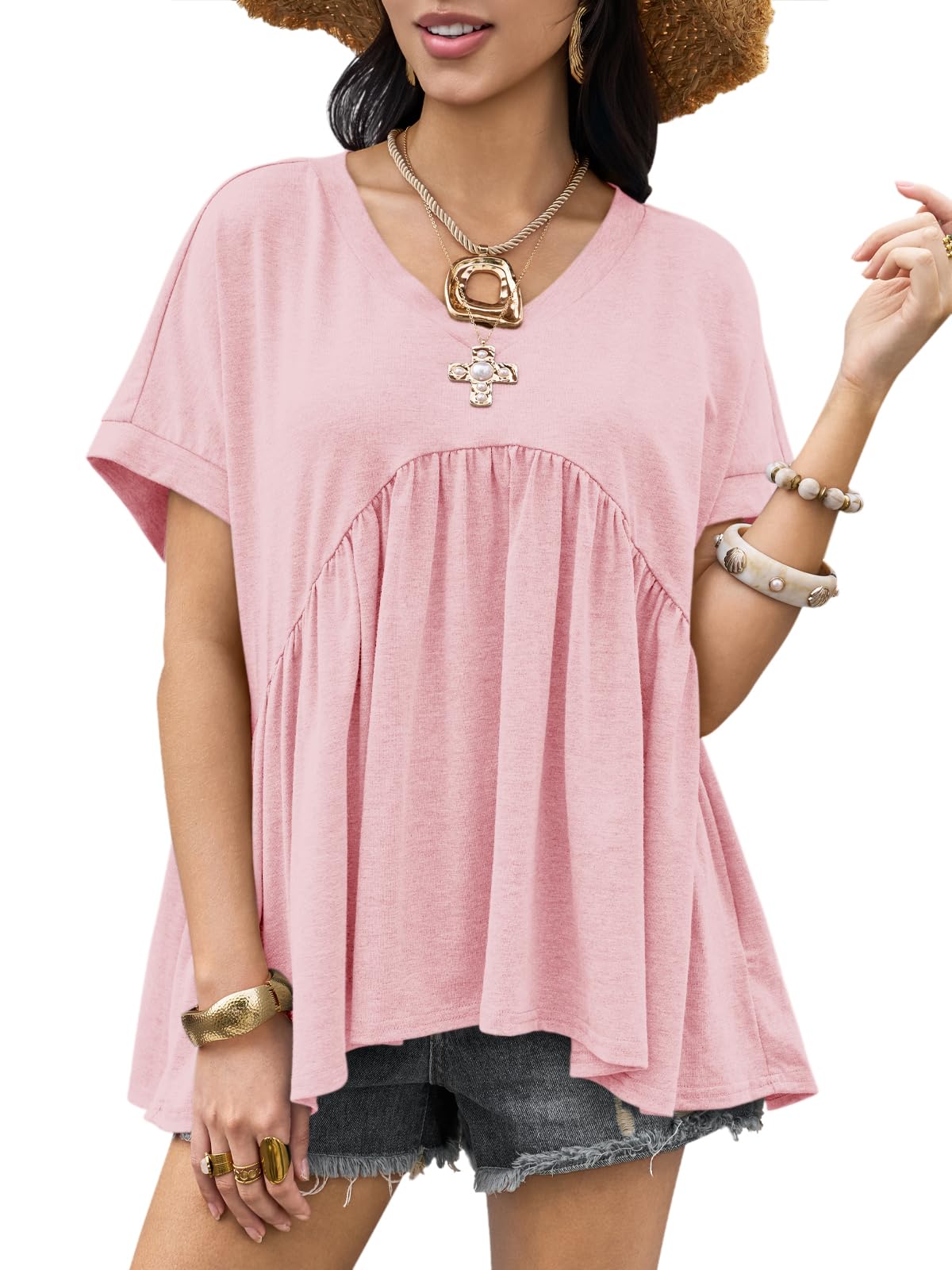 Womens Summer Peplum Tops Oversized Babydoll Short Sleeve V Neck T Shirts