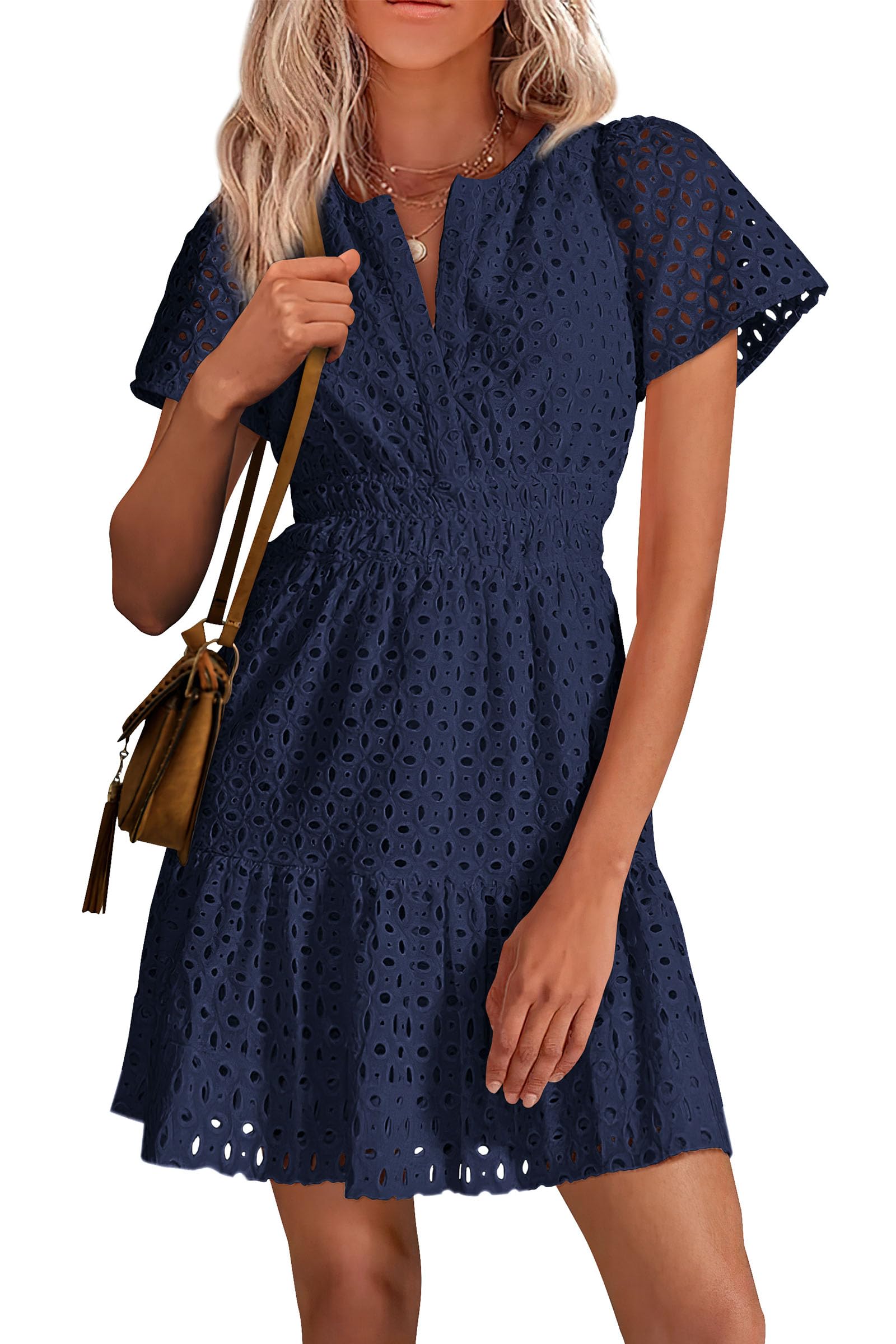 Women's Short Sleeve V Neck A Line Hollow Out Lace Dress