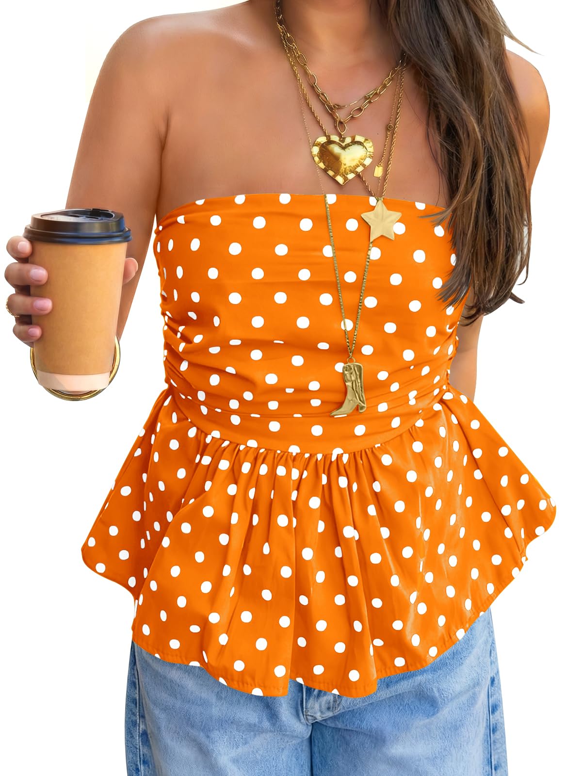 Womens Strapless Polka Dot Tube Tops Cute Backless Peplumn Ruffle Hem Bandeau Top