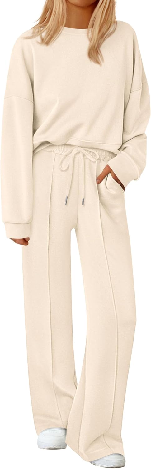 Womens Trendy Long Sleeve Sweatshirt Wide Leg Pants Loungewear Set