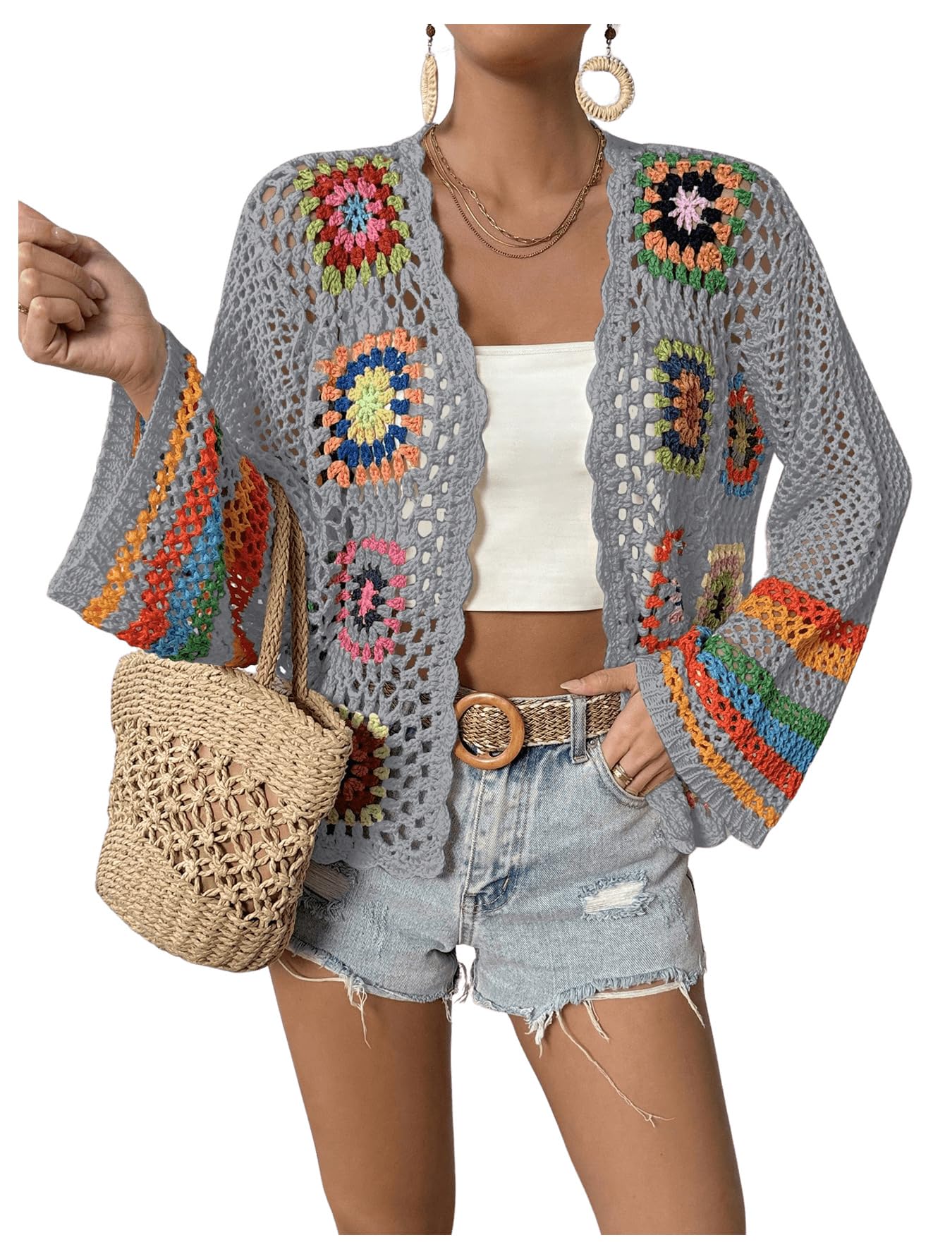 Women's Floral Crochet Cardigan Hollow Out Open Front Long Sleeve Cardigan