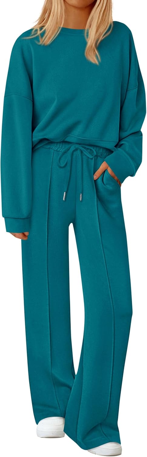 Womens Trendy Long Sleeve Sweatshirt Wide Leg Pants Loungewear Set