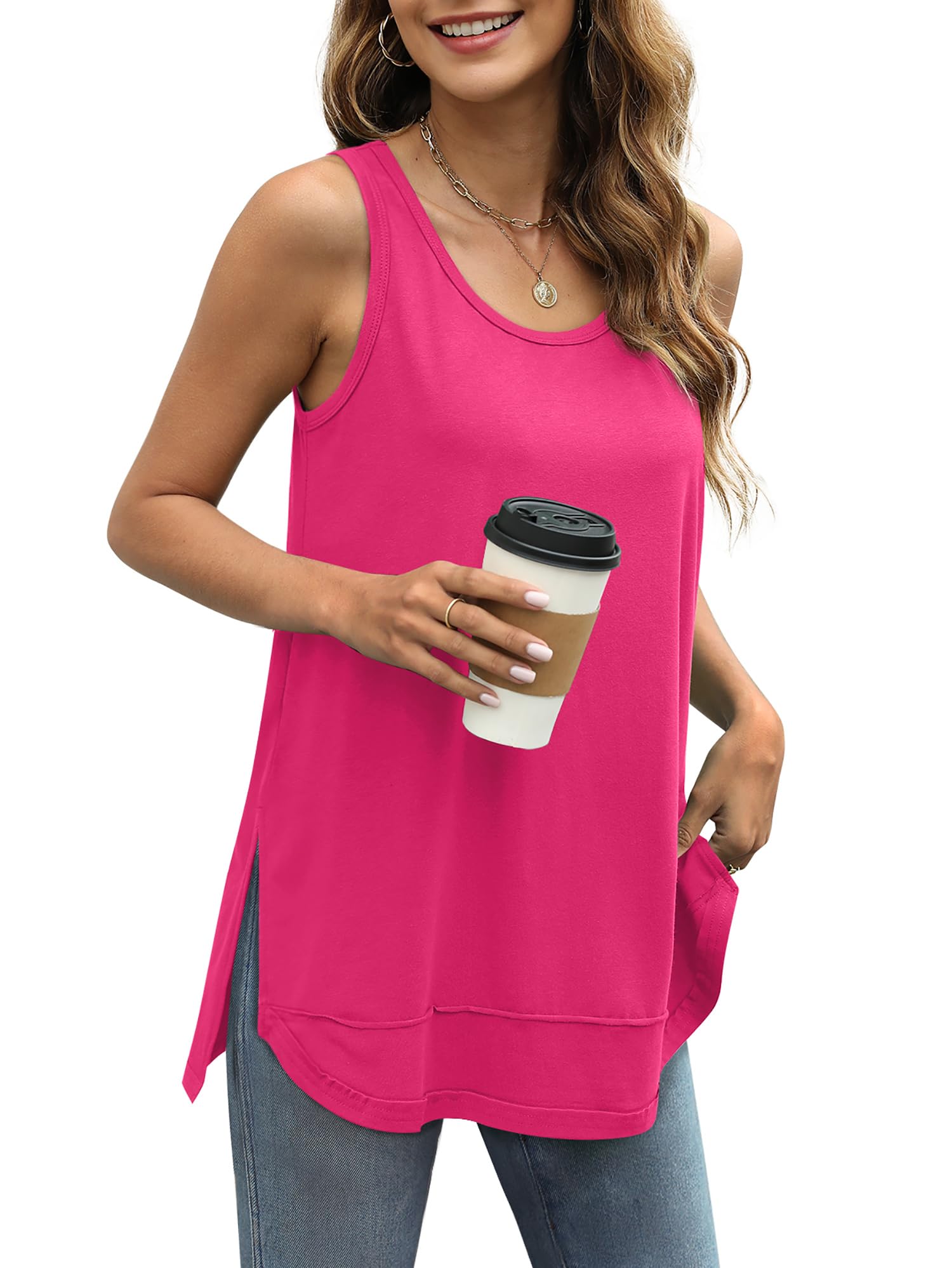 Women Scoop Neck Summer Side Split Sleeveless Shirts