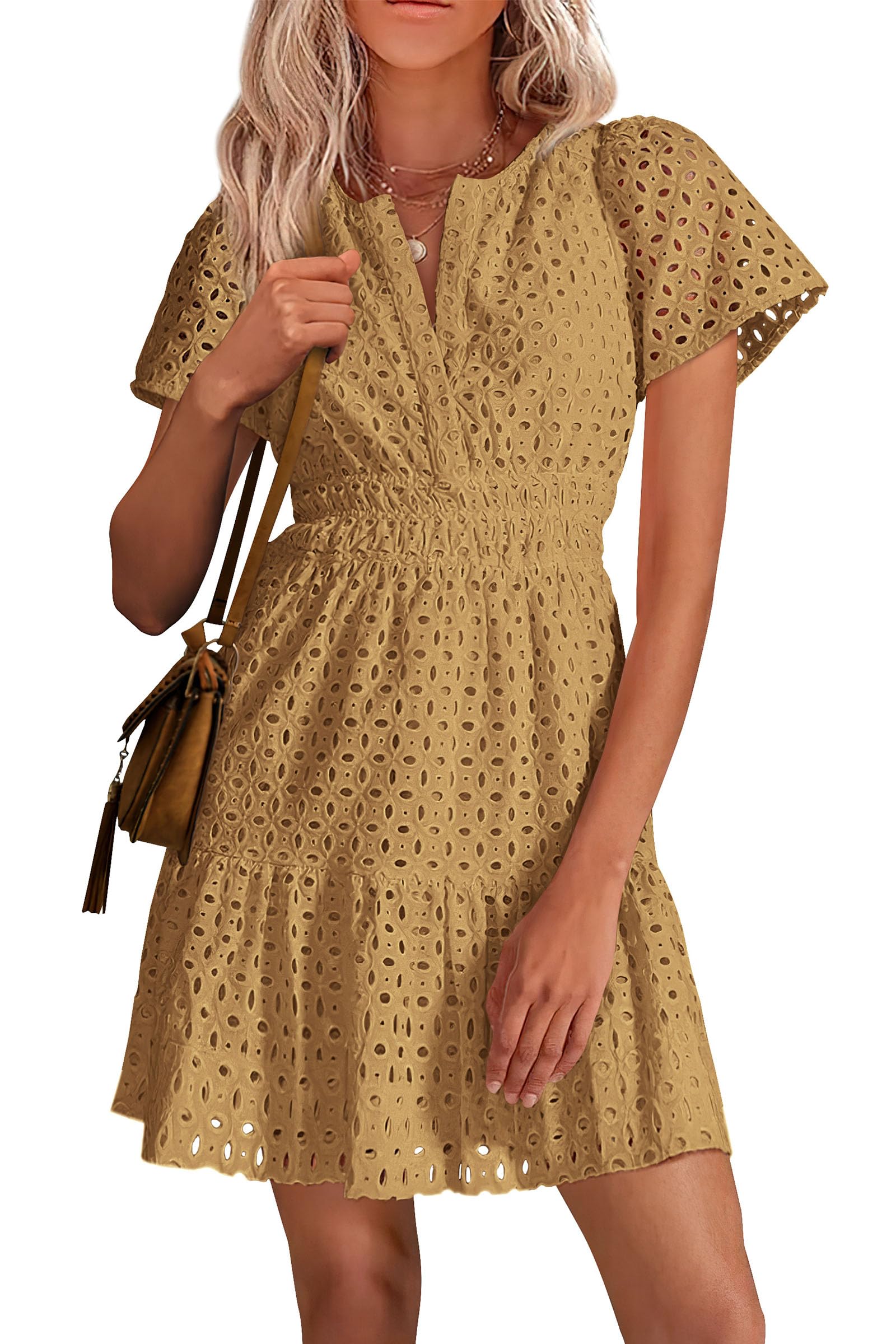 Women's Short Sleeve V Neck A Line Hollow Out Lace Dress