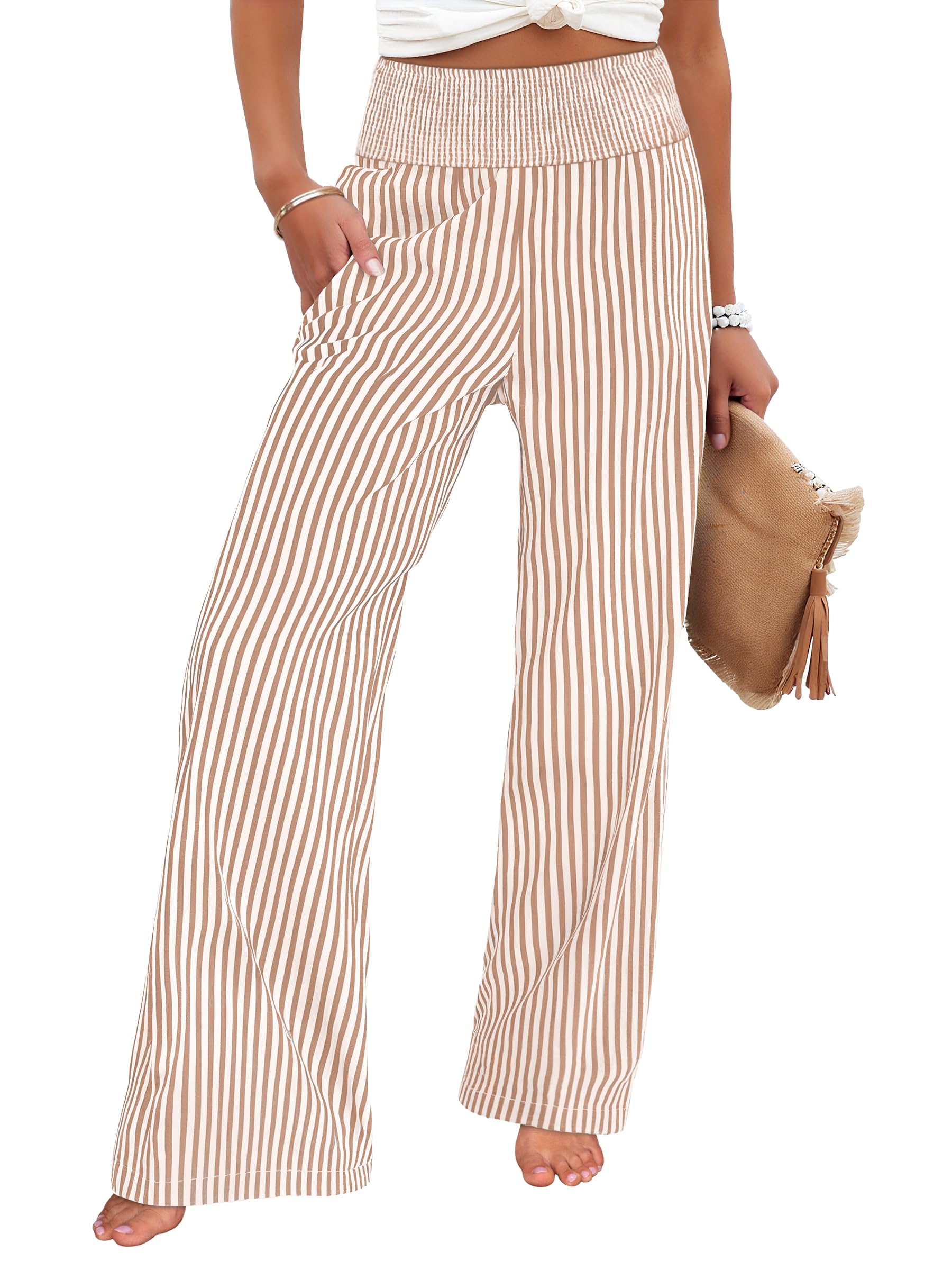 Womens Striped Palazzo Pants Wide Leg High Waisted Trousers with Pockets
