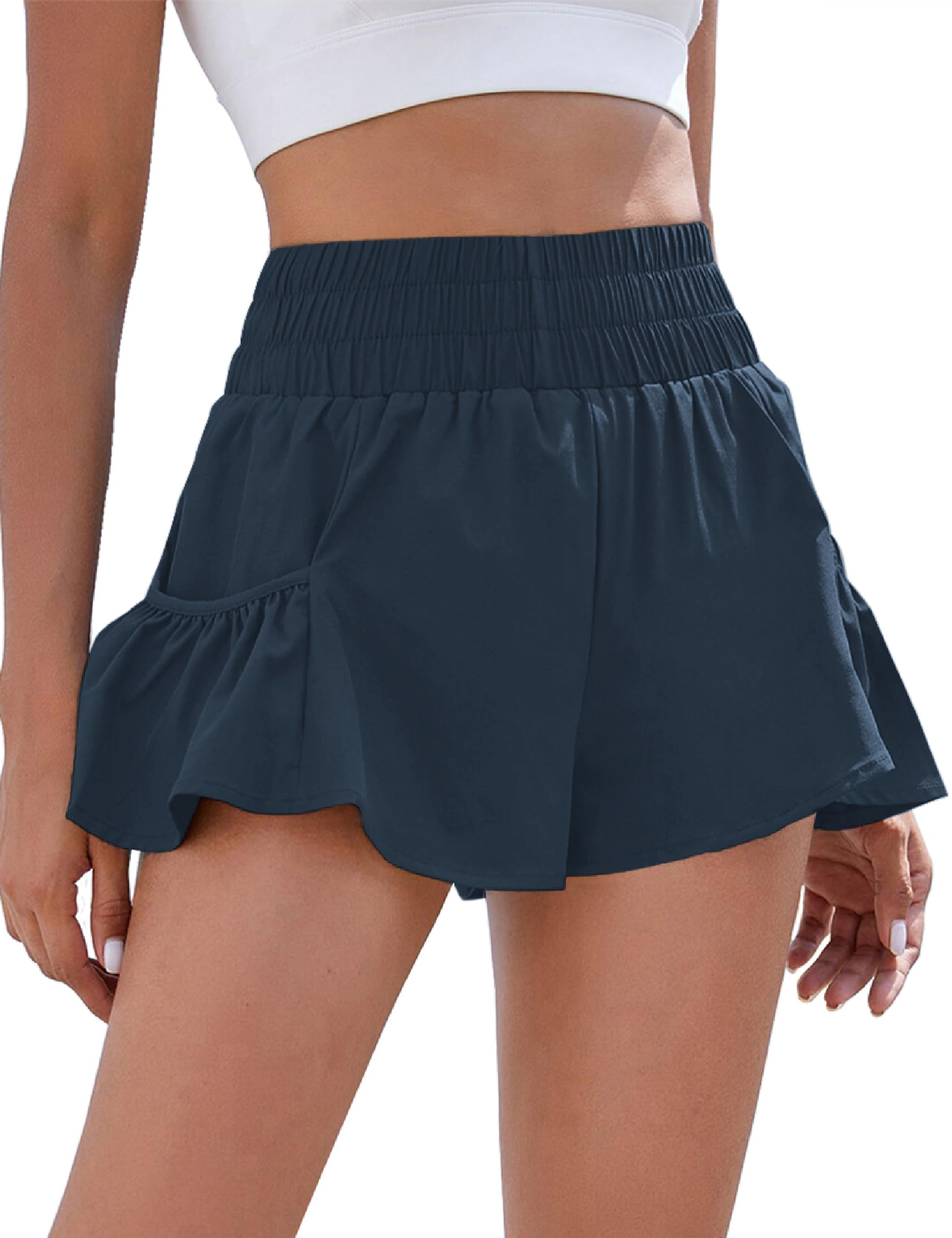 Women High Waisted Elastic Running Shorts Gym Workout Flowy Shorts with Pockets